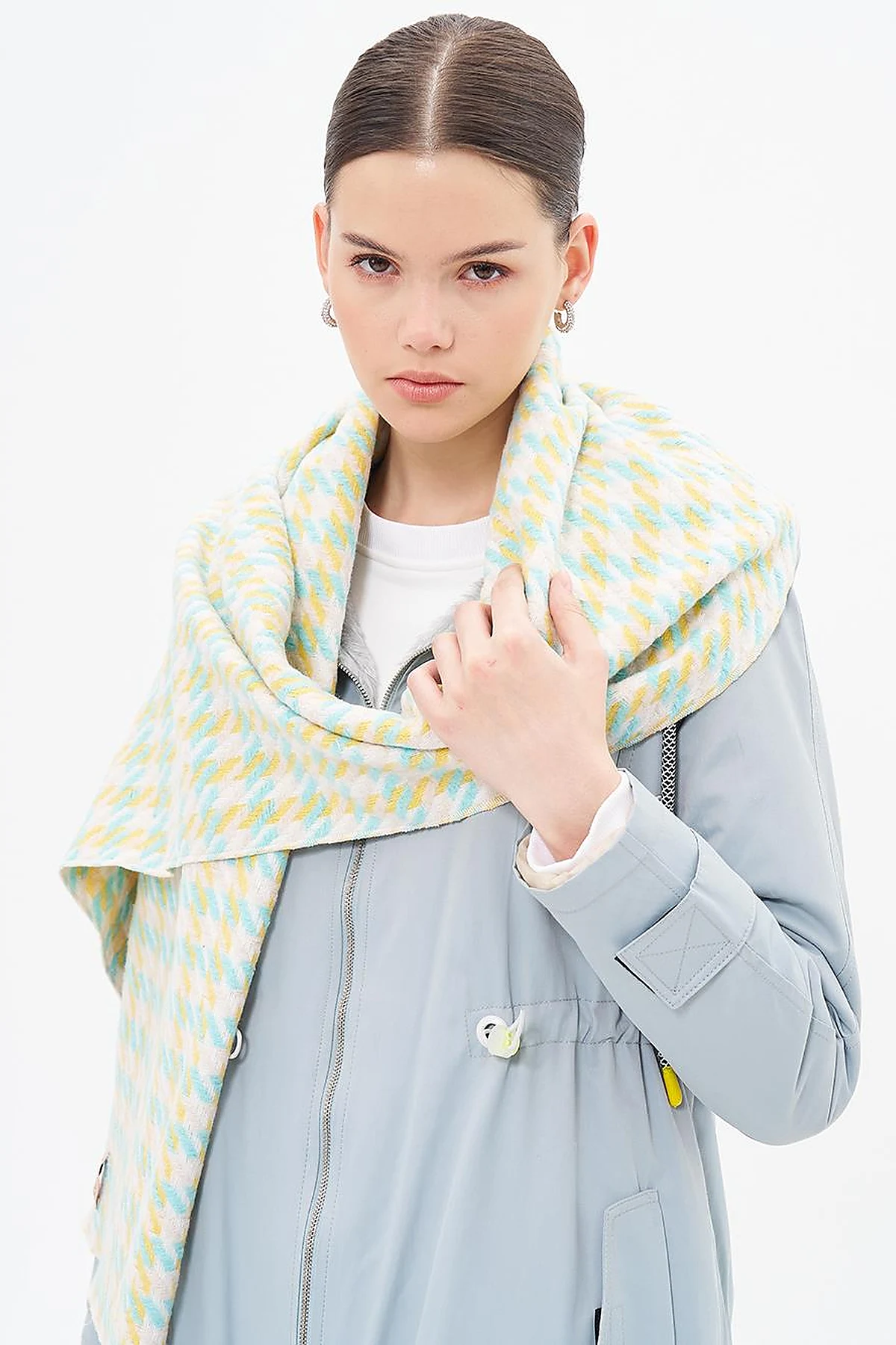 Houndstooth Patterned Scarf - Turquoise-Yellow