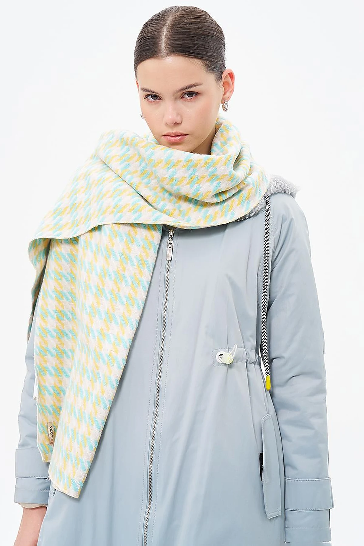 Houndstooth Patterned Scarf - Turquoise-Yellow