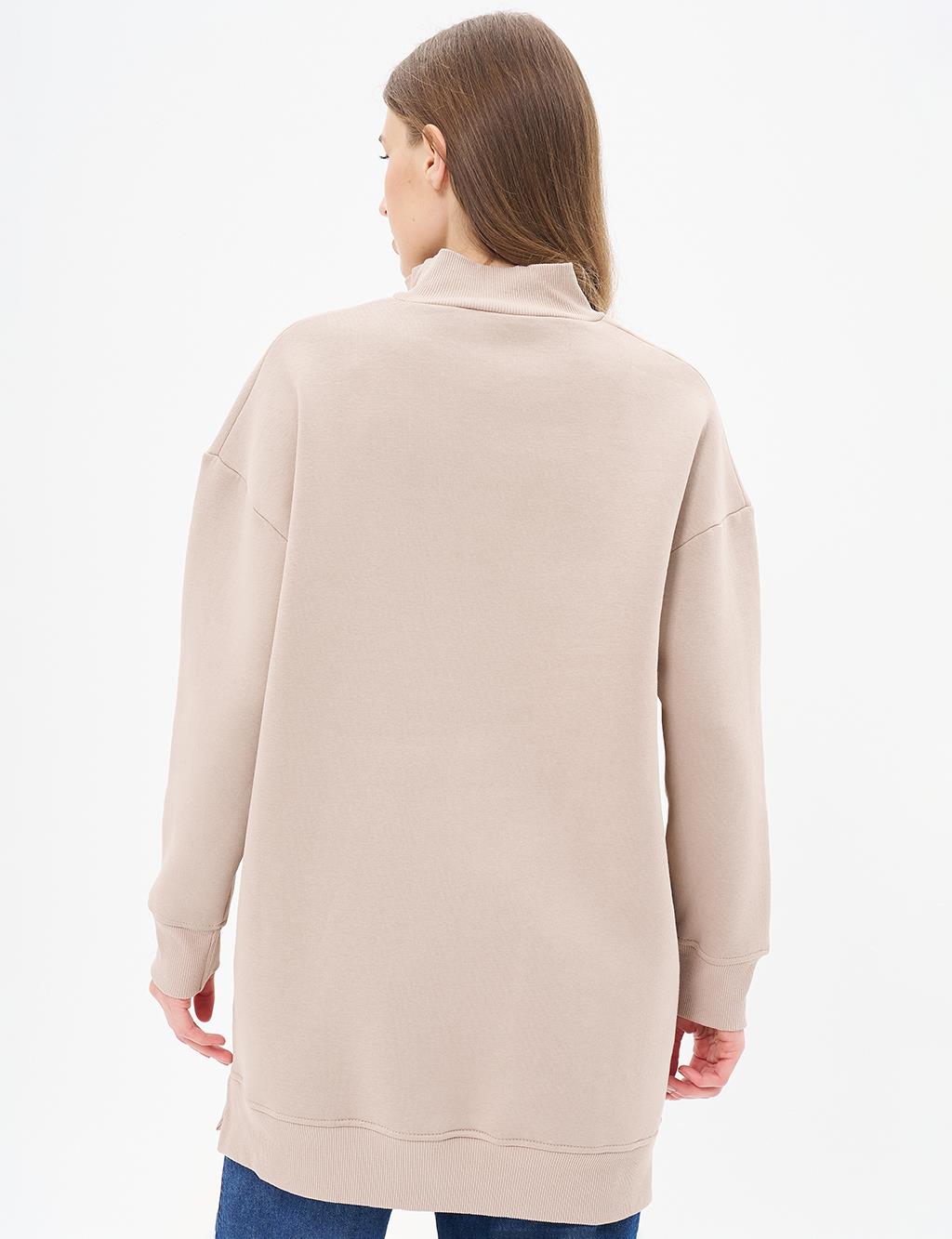 Drop-Shoulder Zip-Up Sweatshirt - Beige