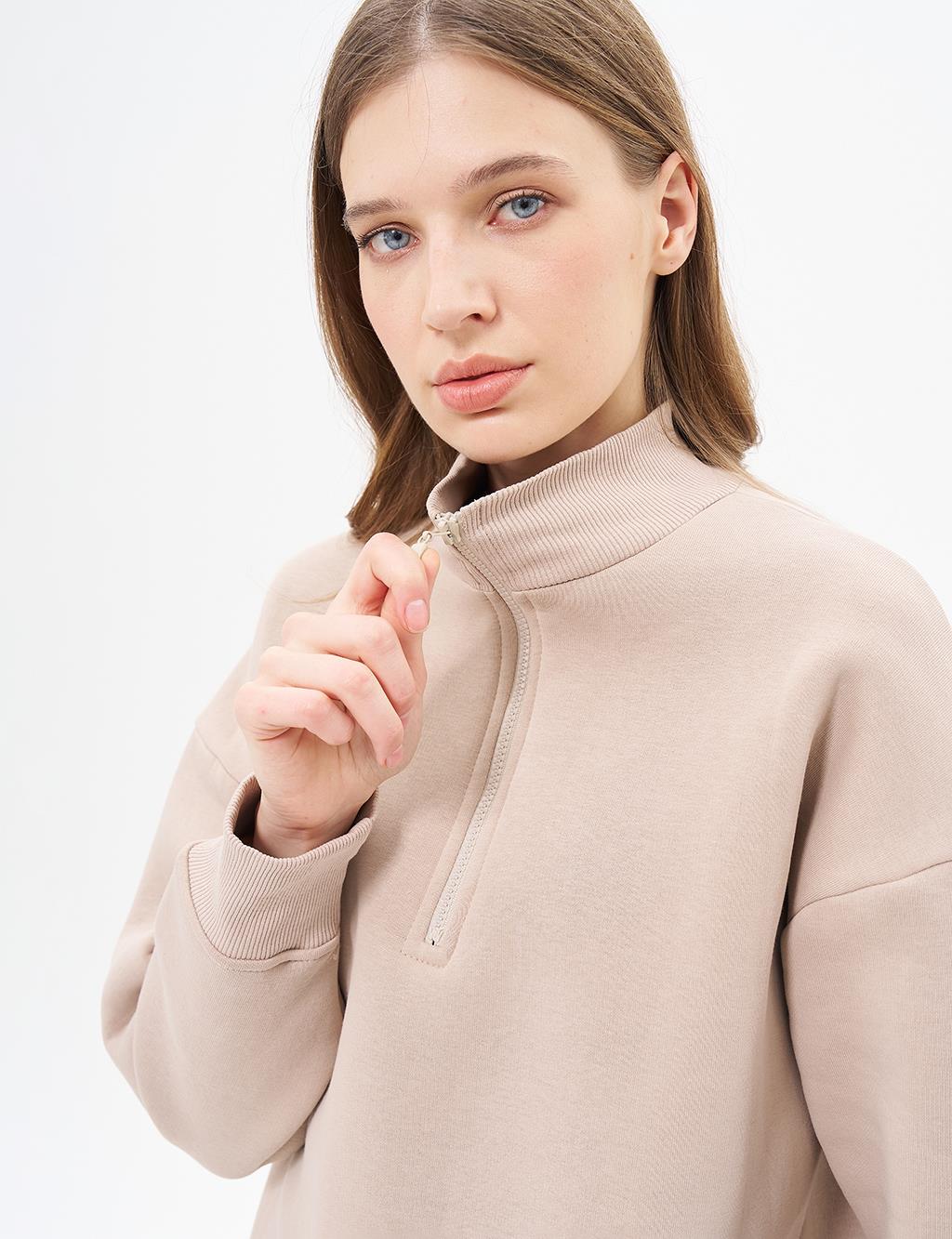 Drop-Shoulder Zip-Up Sweatshirt - Beige