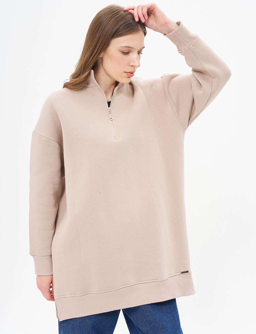 Drop-Shoulder Zip-Up Sweatshirt - Beige