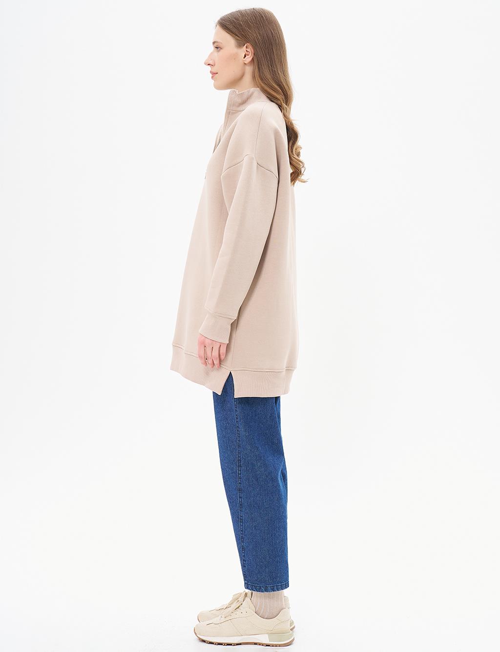 Drop-Shoulder Zip-Up Sweatshirt - Beige