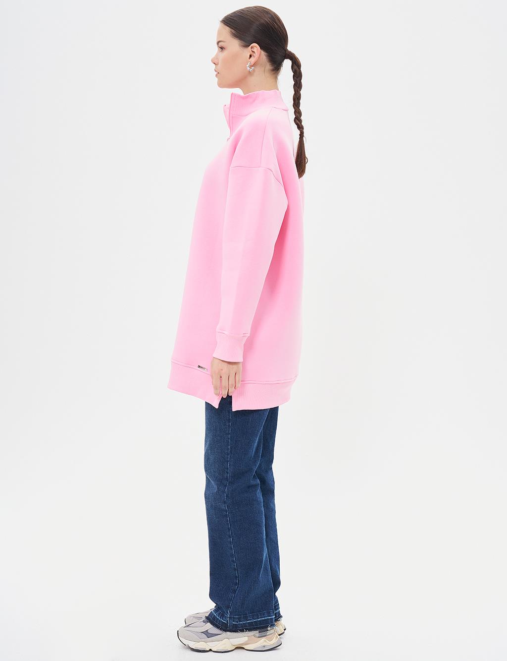 Drop-Shoulder Zip-Up Sweatshirt - Pink