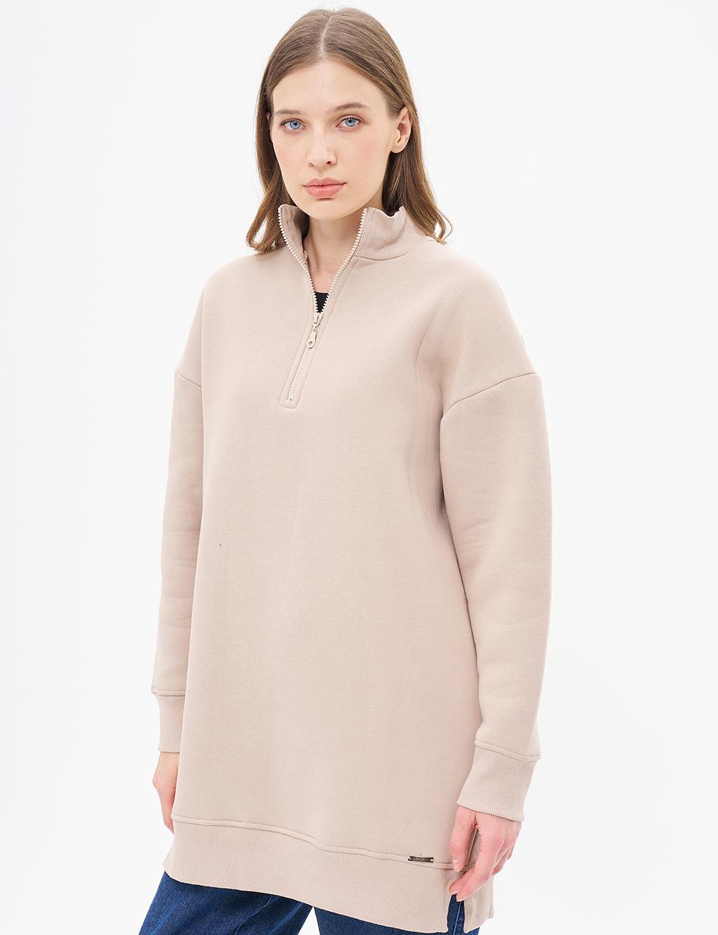 Drop-Shoulder Zip-Up Sweatshirt - Beige