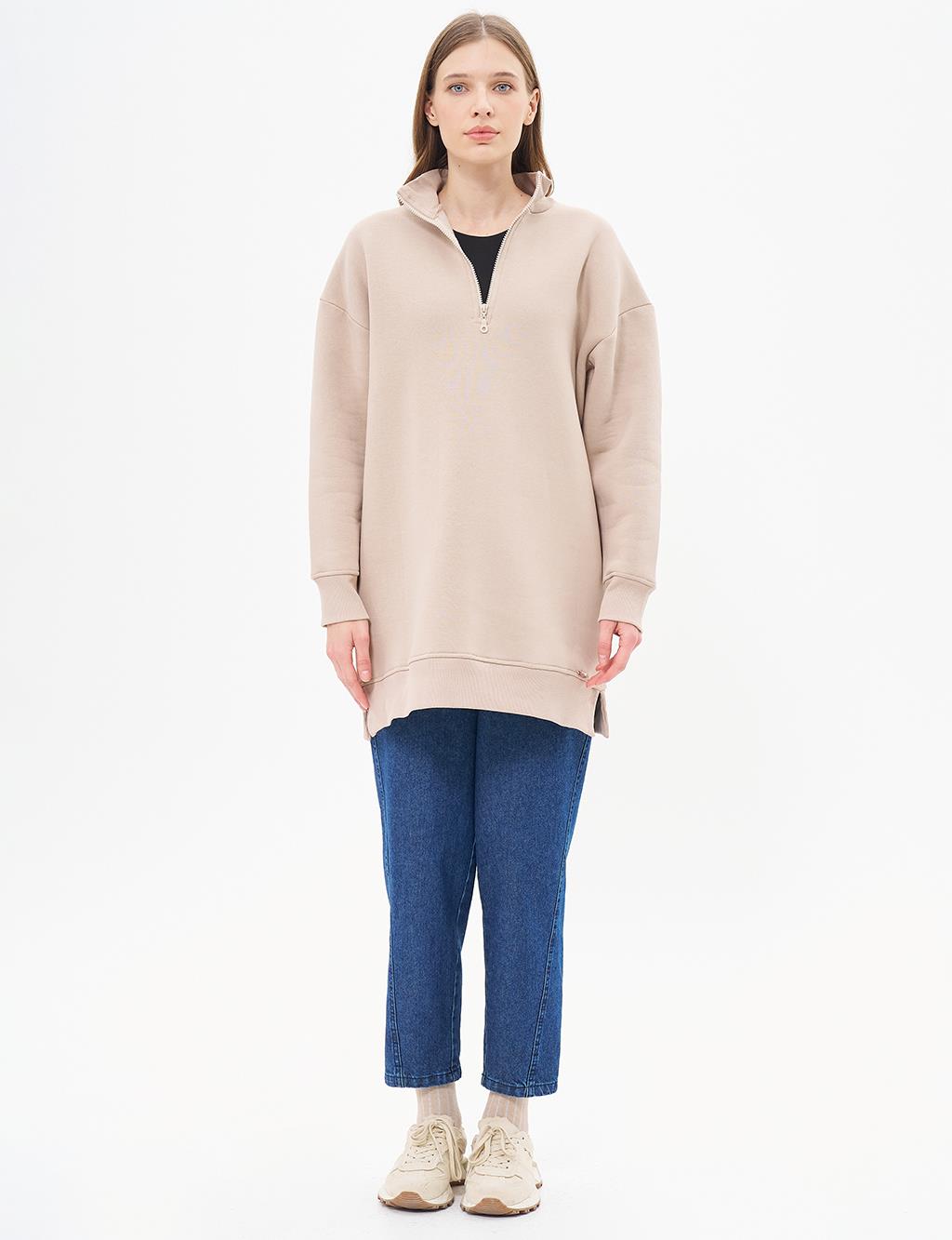 Drop-Shoulder Zip-Up Sweatshirt - Beige