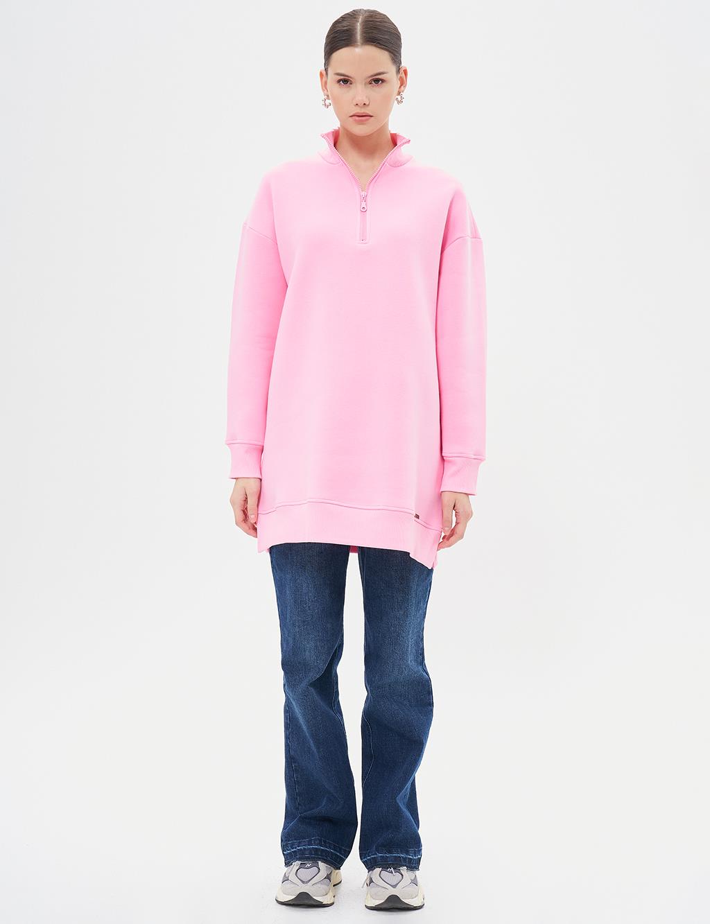 Drop-Shoulder Zip-Up Sweatshirt - Pink