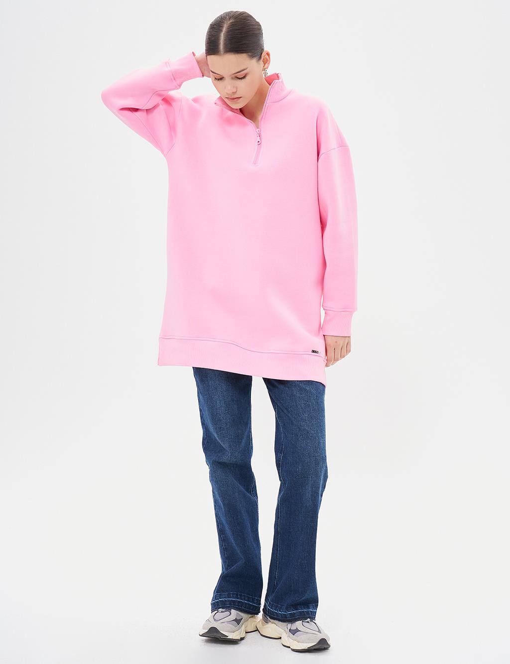 Drop-Shoulder Zip-Up Sweatshirt - Pink