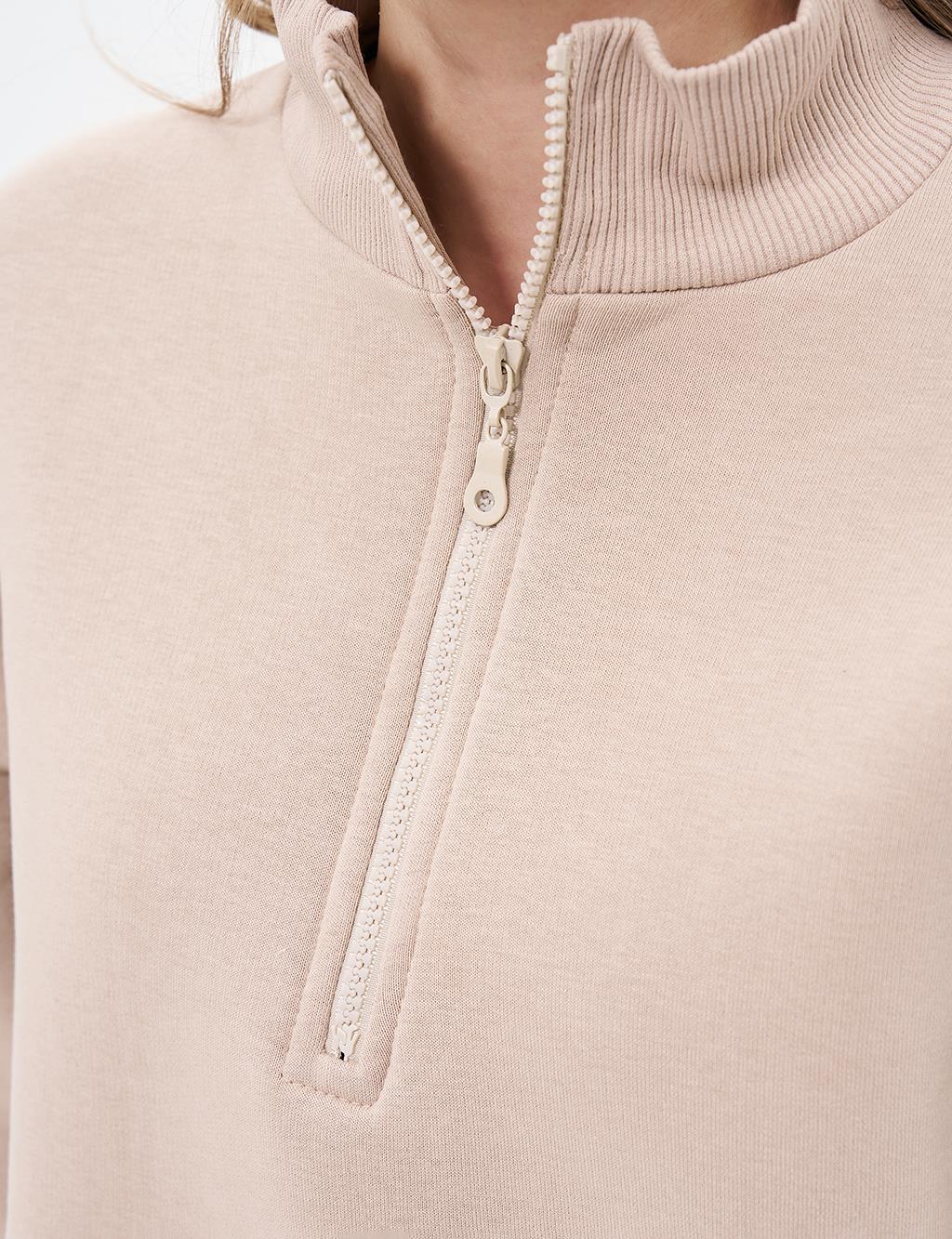 Drop-Shoulder Zip-Up Sweatshirt - Beige