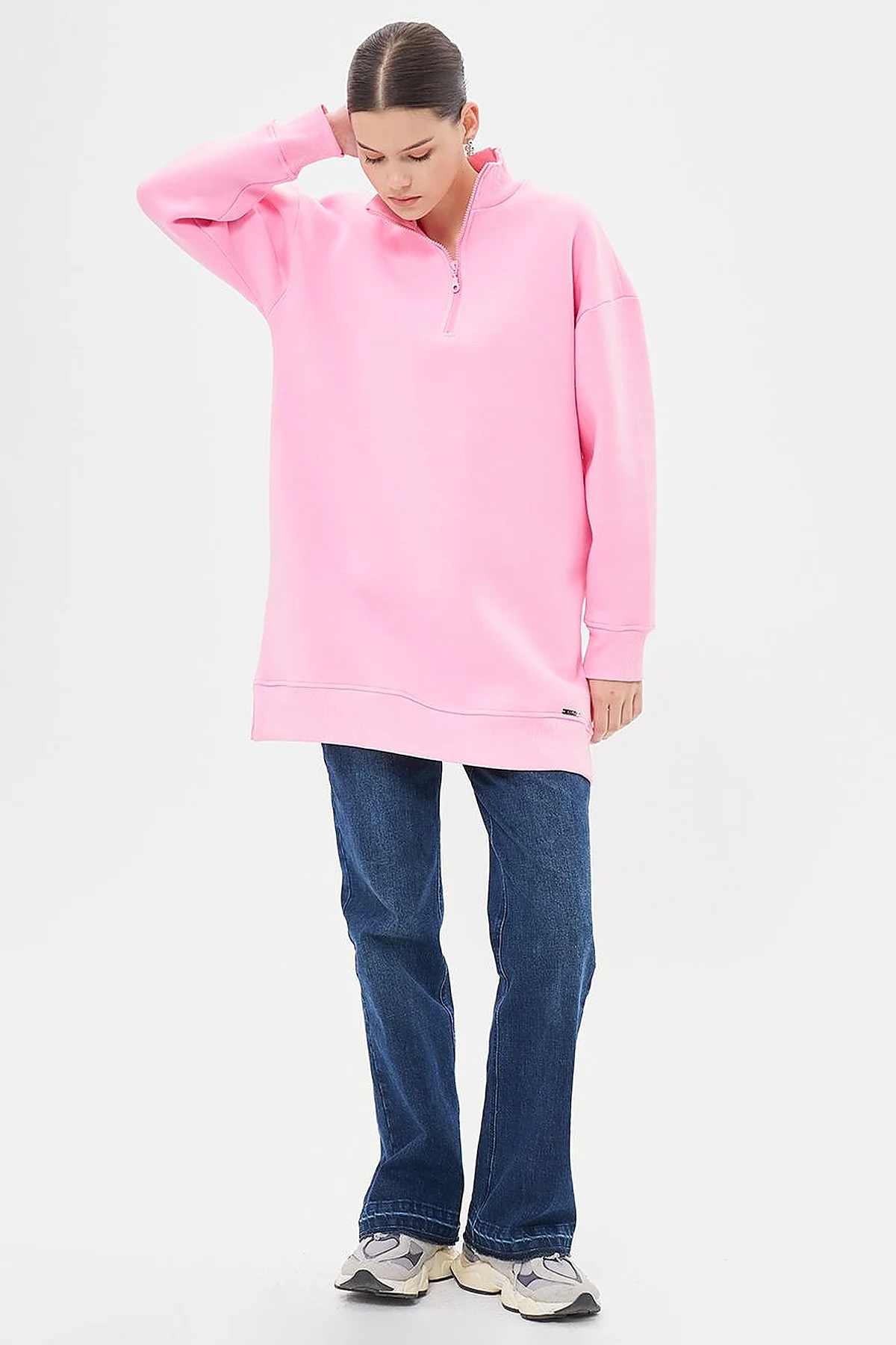 Drop-Shoulder Zip-Up Sweatshirt - Pink