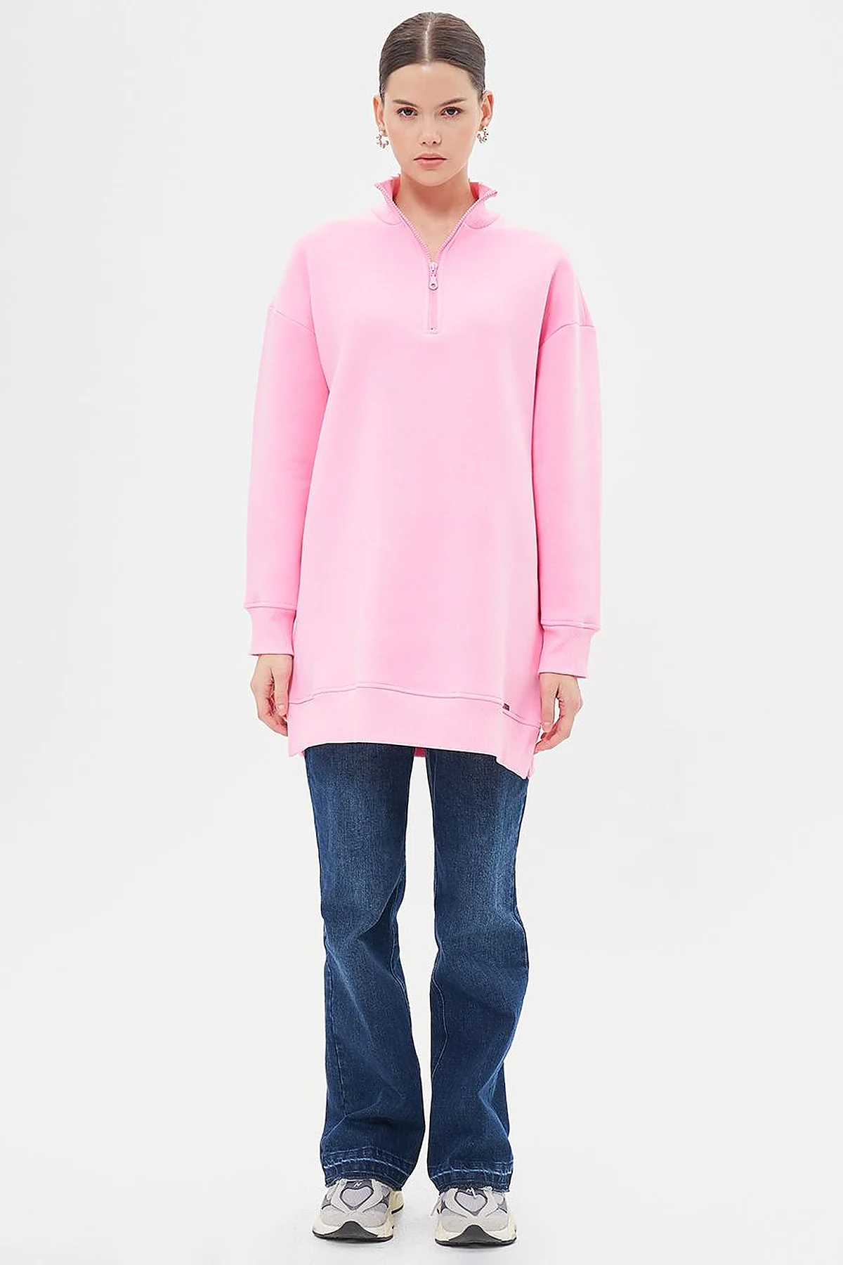 Drop-Shoulder Zip-Up Sweatshirt - Pink