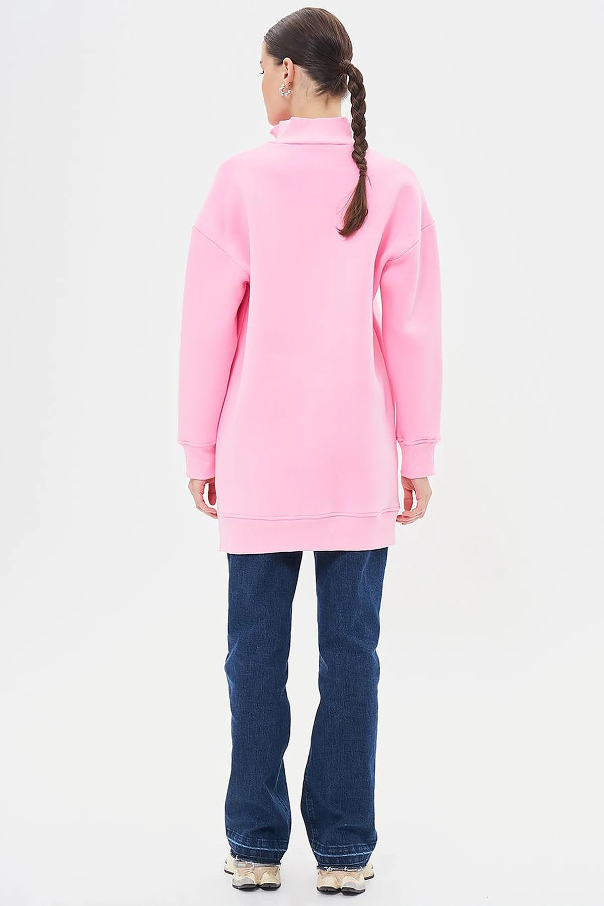 Drop-Shoulder Zip-Up Sweatshirt - Pink