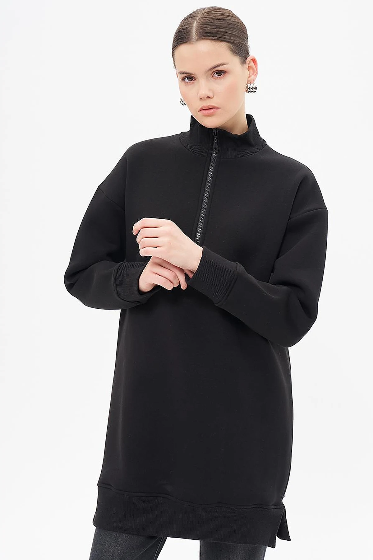 Drop-Shoulder Zip-Up Sweatshirt - Black