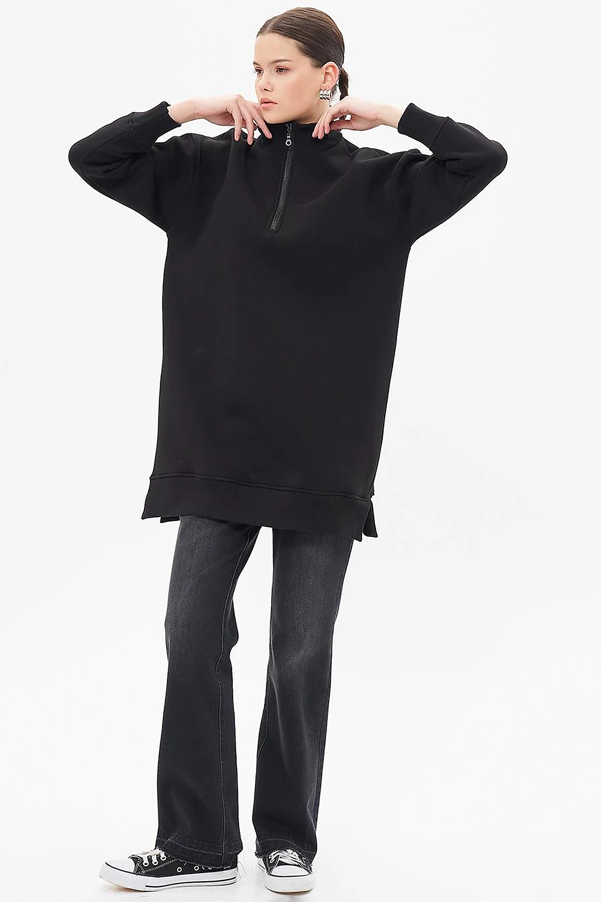 Drop-Shoulder Zip-Up Sweatshirt - Black
