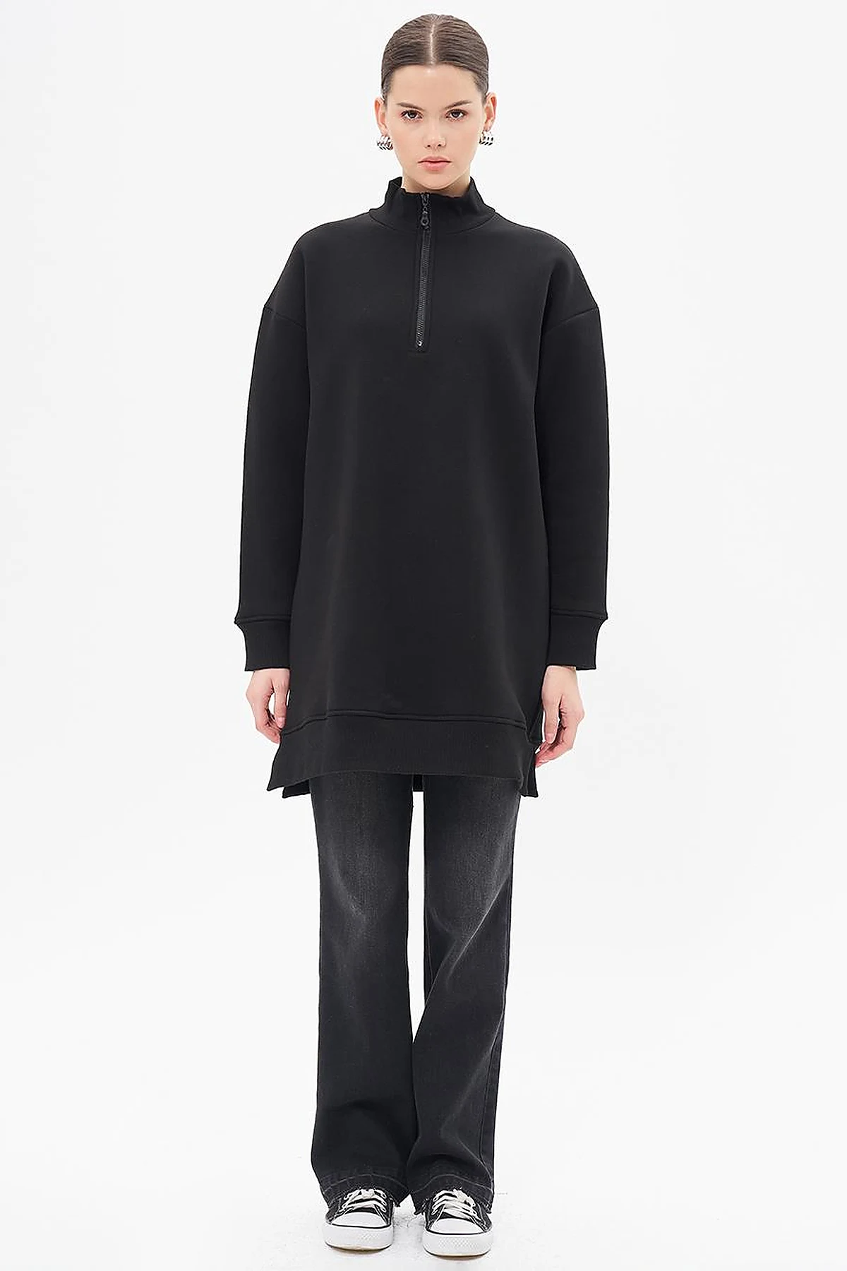Drop-Shoulder Zip-Up Sweatshirt - Black