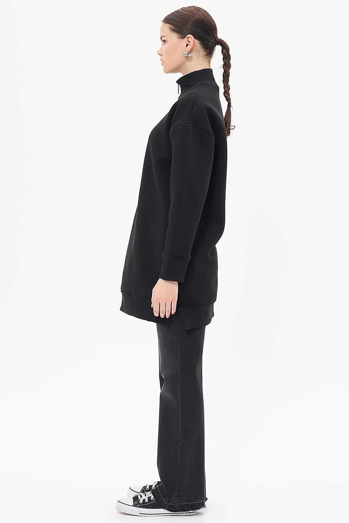 Drop-Shoulder Zip-Up Sweatshirt - Black