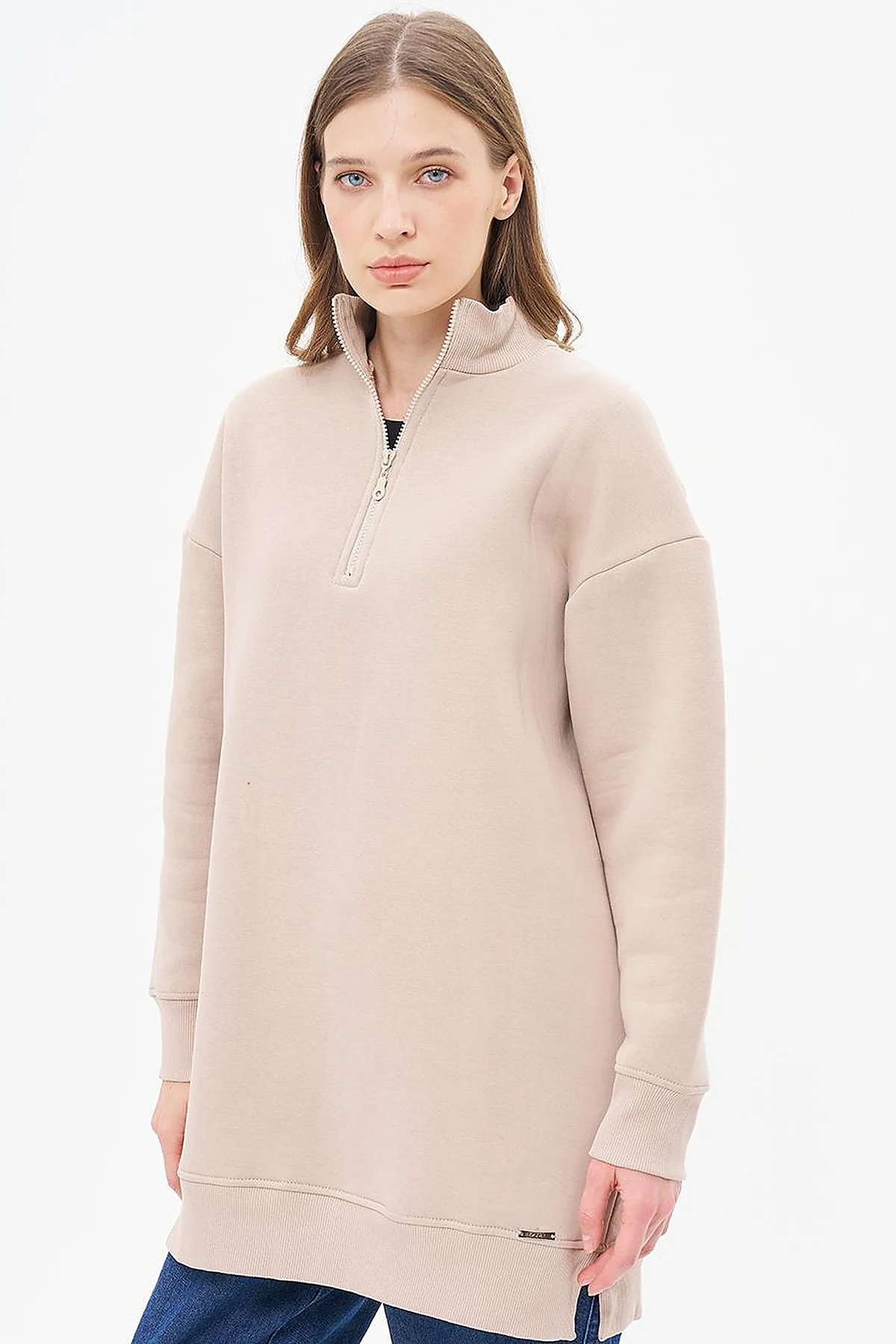 Drop-Shoulder Zip-Up Sweatshirt - Beige