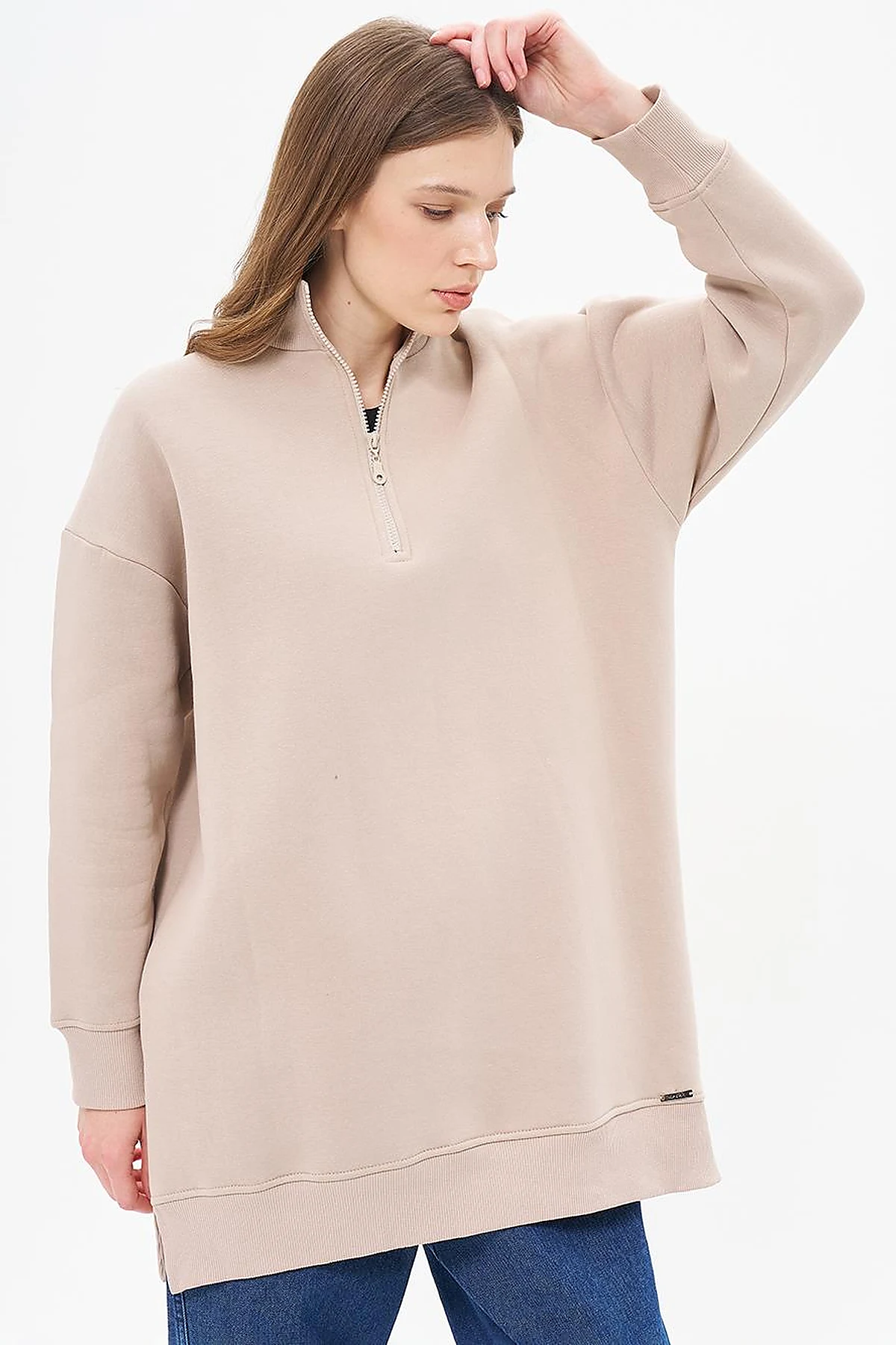Drop-Shoulder Zip-Up Sweatshirt - Beige