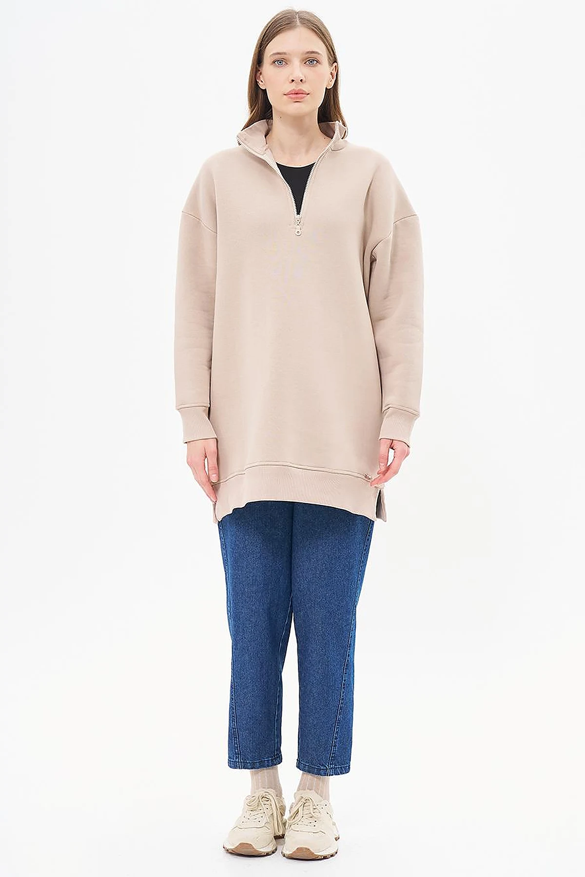 Drop-Shoulder Zip-Up Sweatshirt - Beige