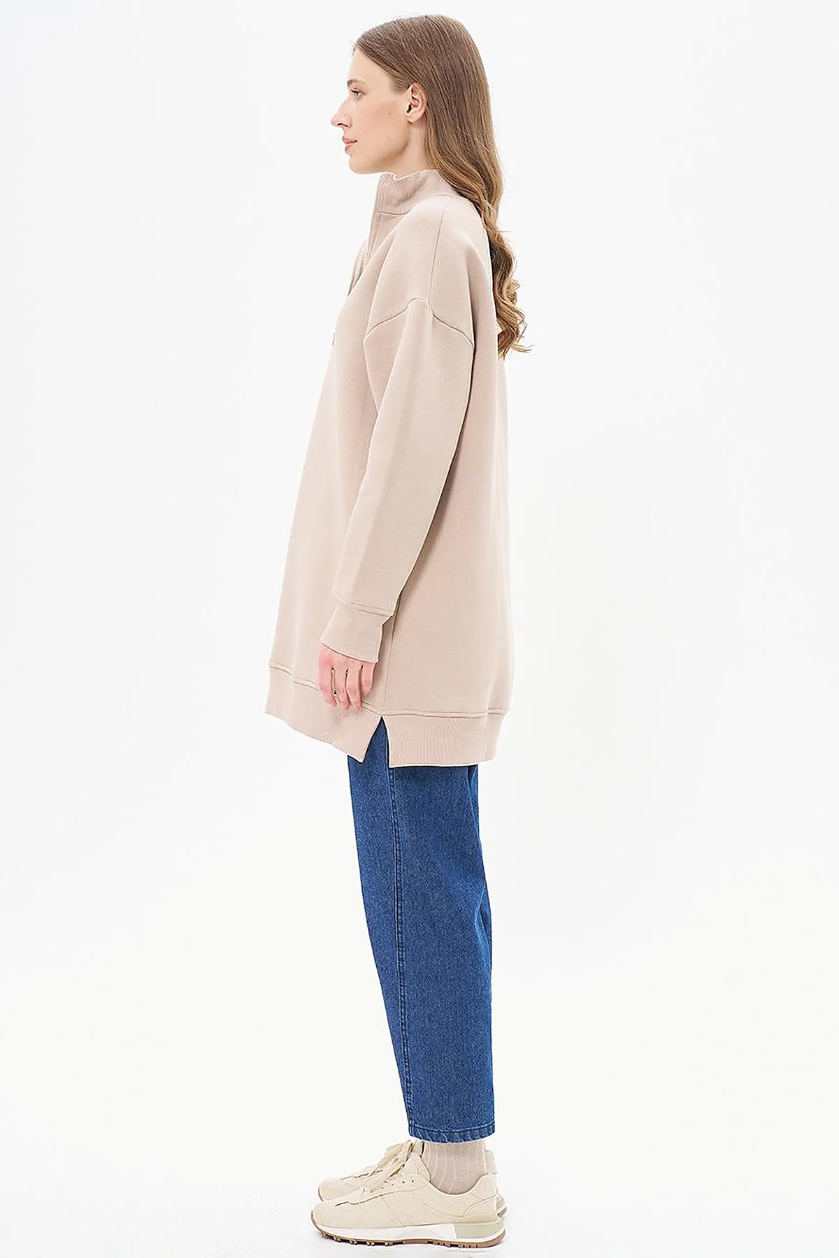 Drop-Shoulder Zip-Up Sweatshirt - Beige