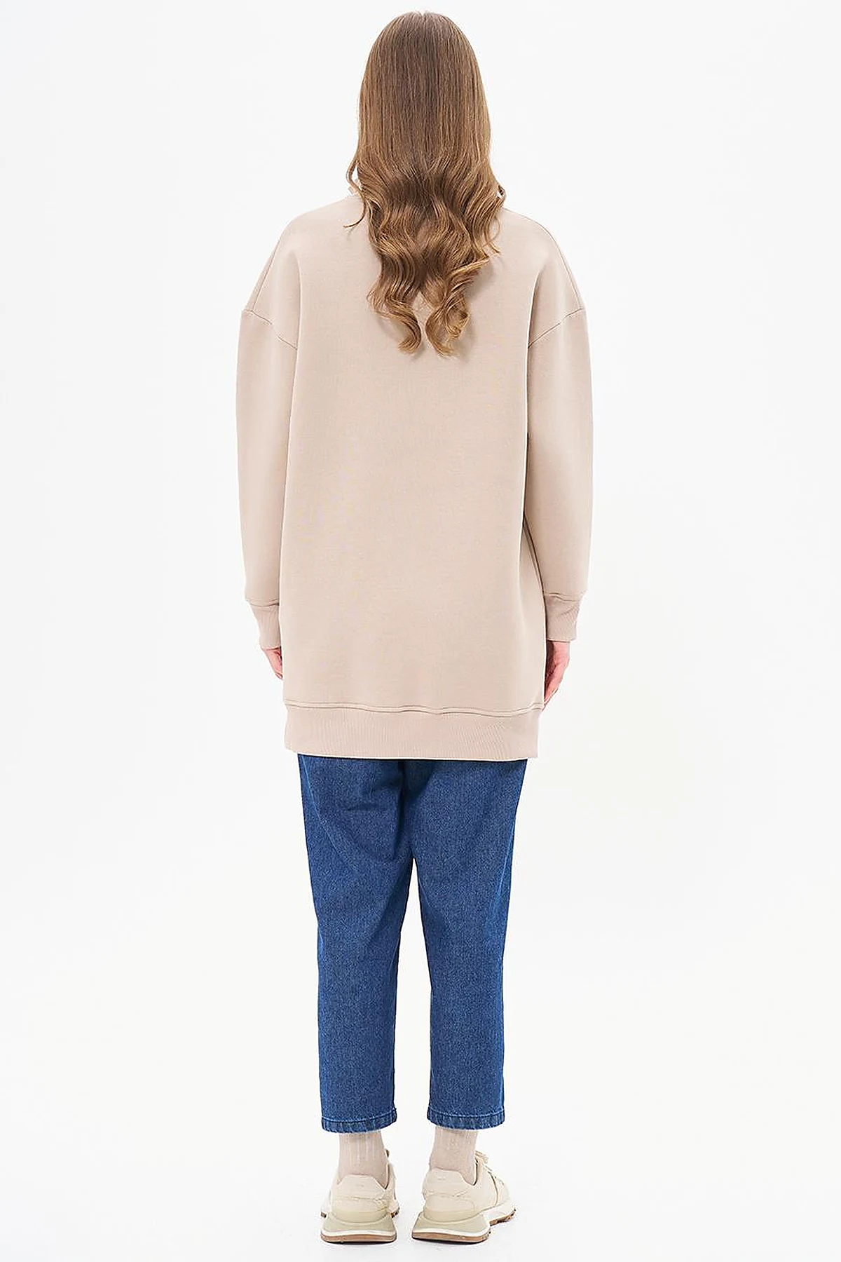 Drop-Shoulder Zip-Up Sweatshirt - Beige