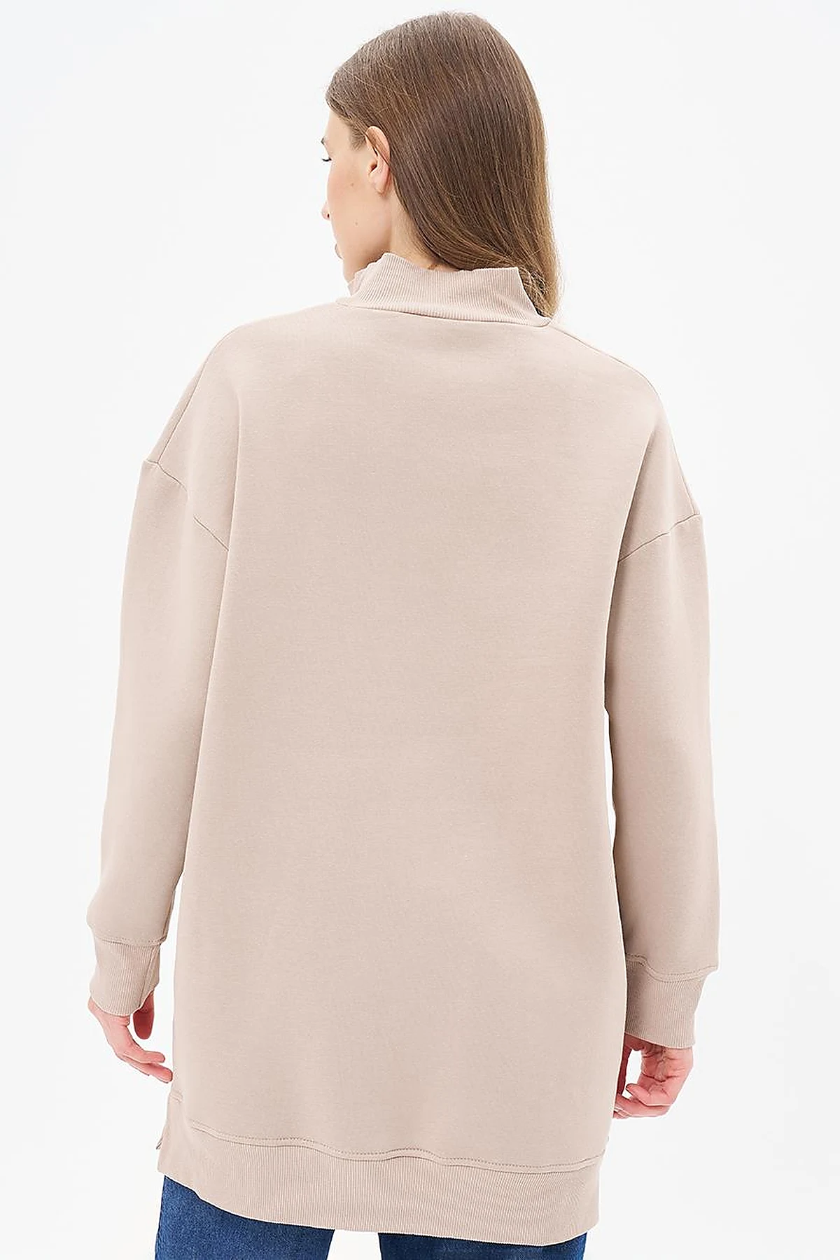 Drop-Shoulder Zip-Up Sweatshirt - Beige