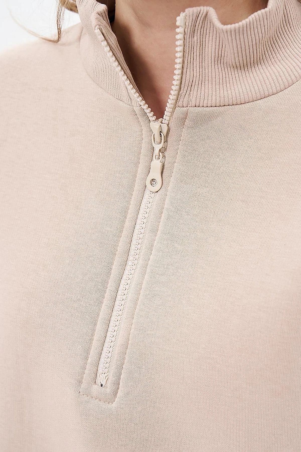 Drop-Shoulder Zip-Up Sweatshirt - Beige