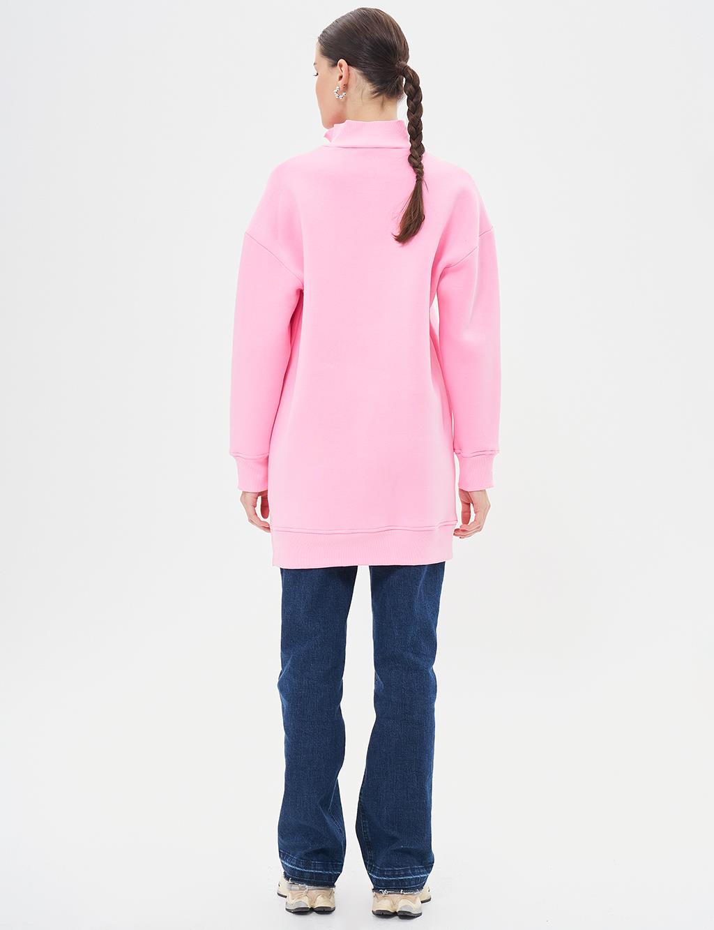 Drop-Shoulder Zip-Up Sweatshirt - Pink