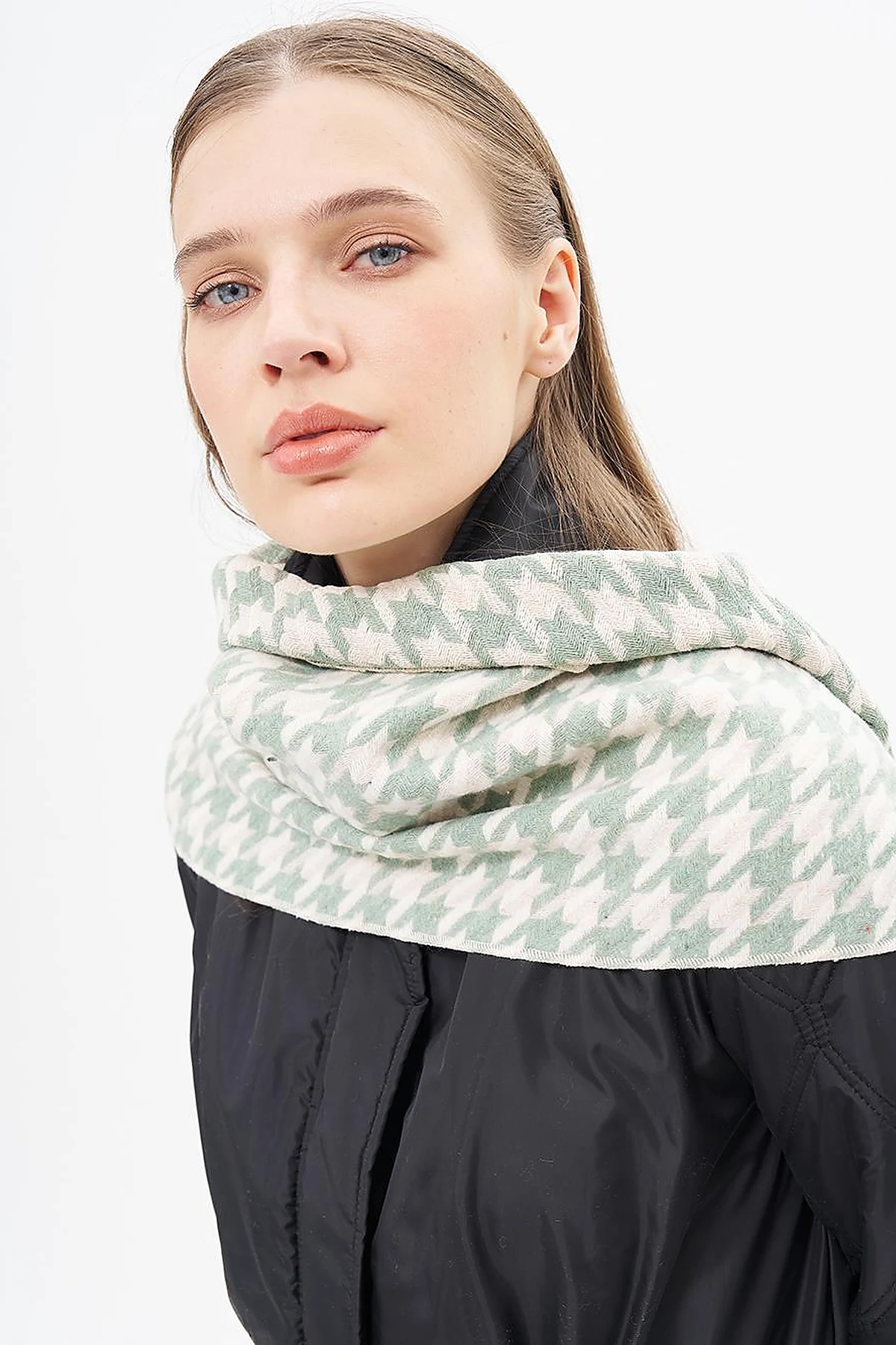 Houndstooth Patterned Scarf - Mint-Ecru