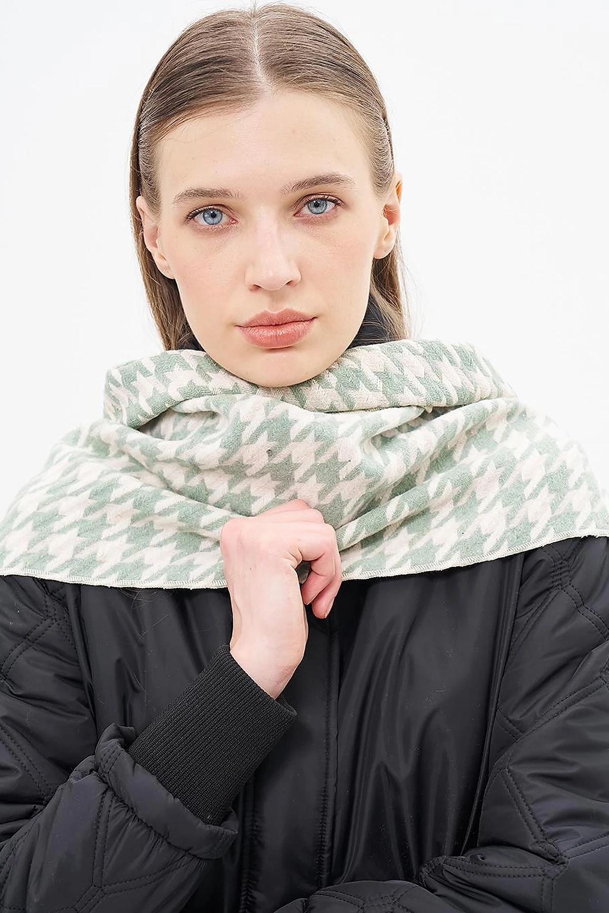 Houndstooth Patterned Scarf - Mint-Ecru