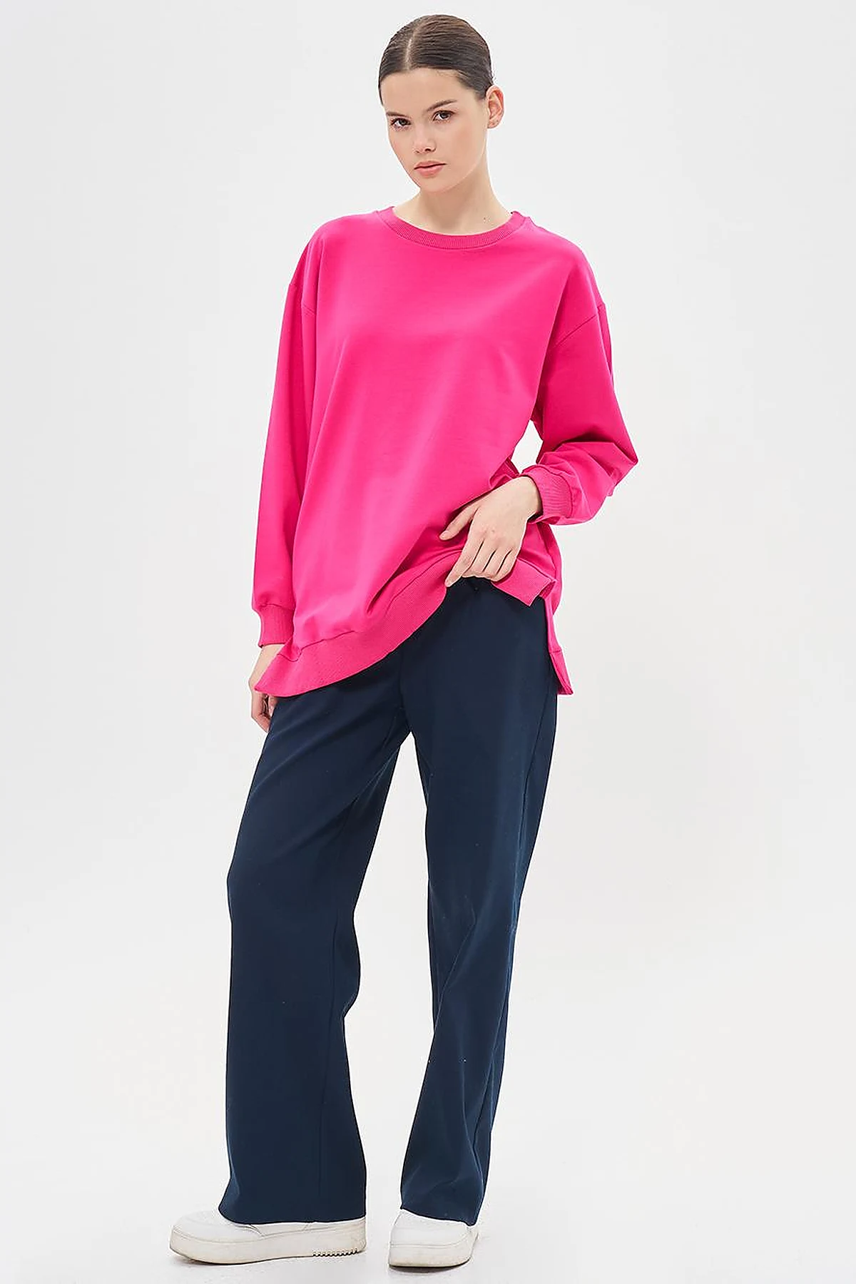 Crew Neck Drop-Shoulder Sweatshirt - Fuchsia