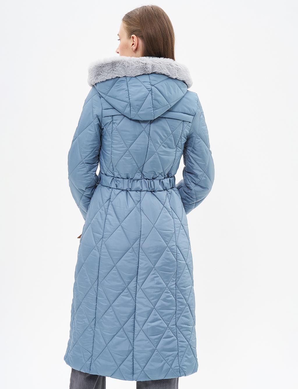 High Collar Zipper Detailed Quilted Anorak Coat Dirty Blue