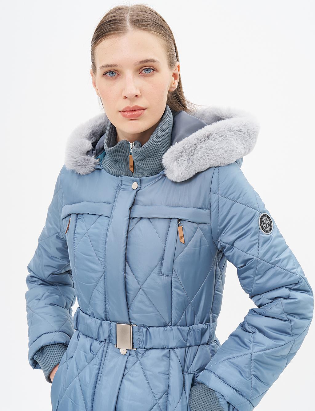 High Collar Zipper Detailed Quilted Anorak Coat Dirty Blue