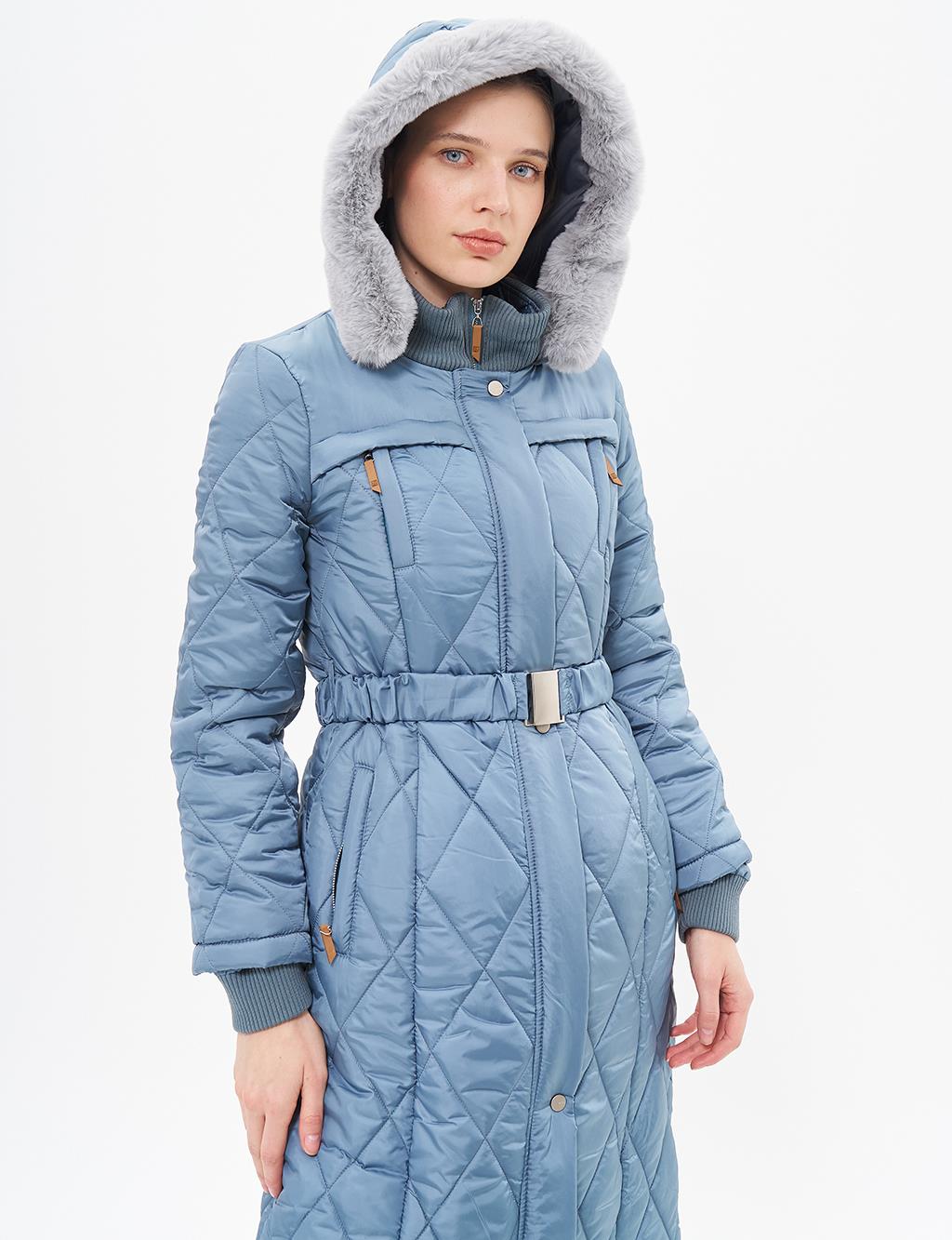 High Collar Zipper Detailed Quilted Anorak Coat Dirty Blue