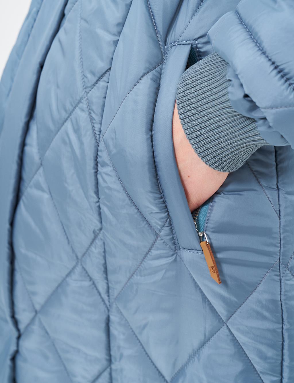 High Collar Zipper Detailed Quilted Anorak Coat Dirty Blue