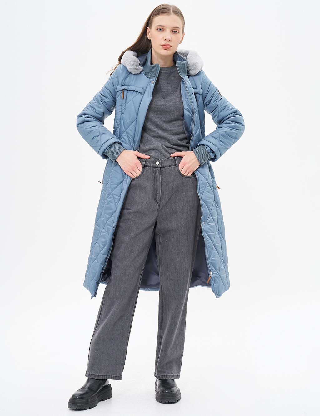 High Collar Zipper Detailed Quilted Anorak Coat Dirty Blue