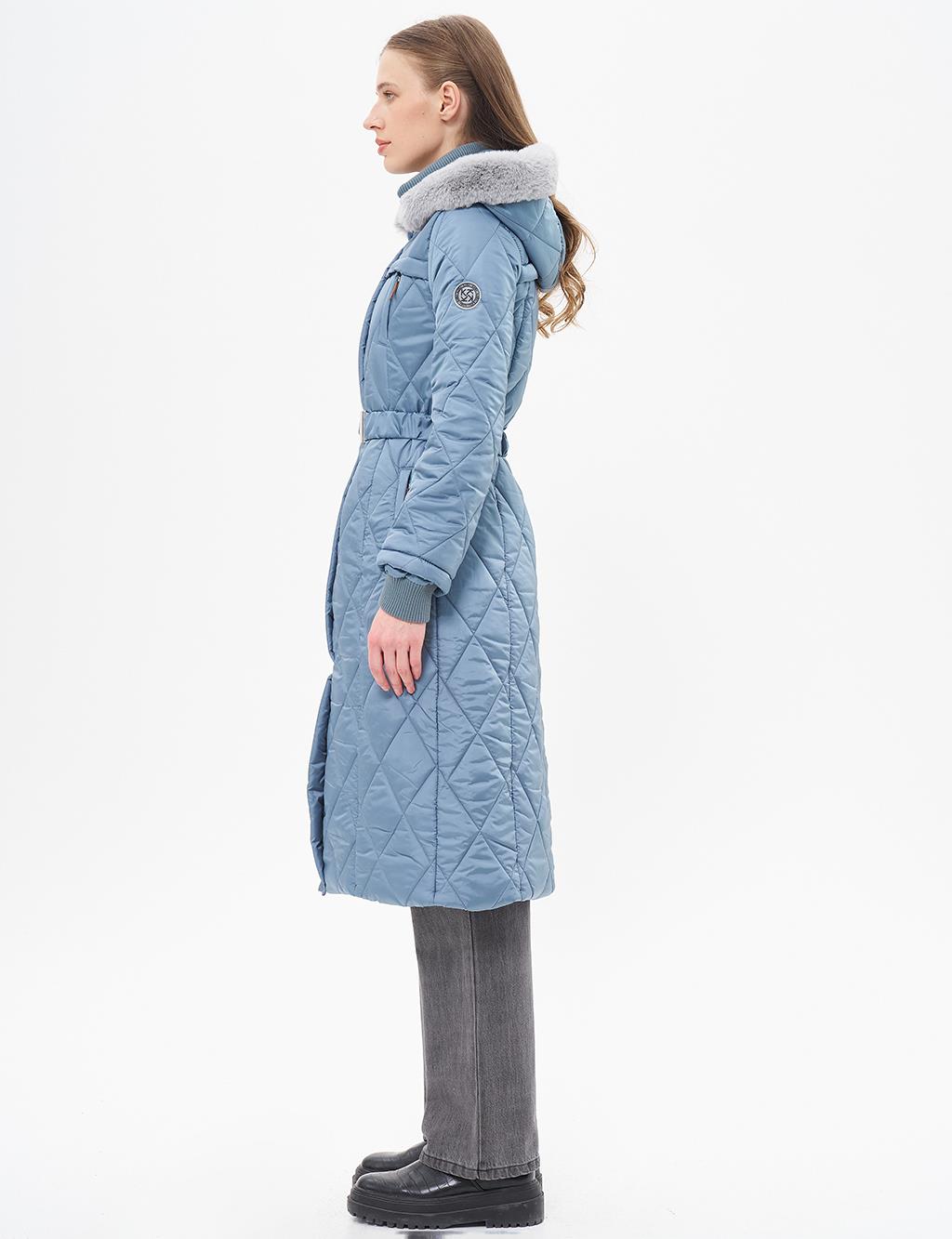 High Collar Zipper Detailed Quilted Anorak Coat Dirty Blue