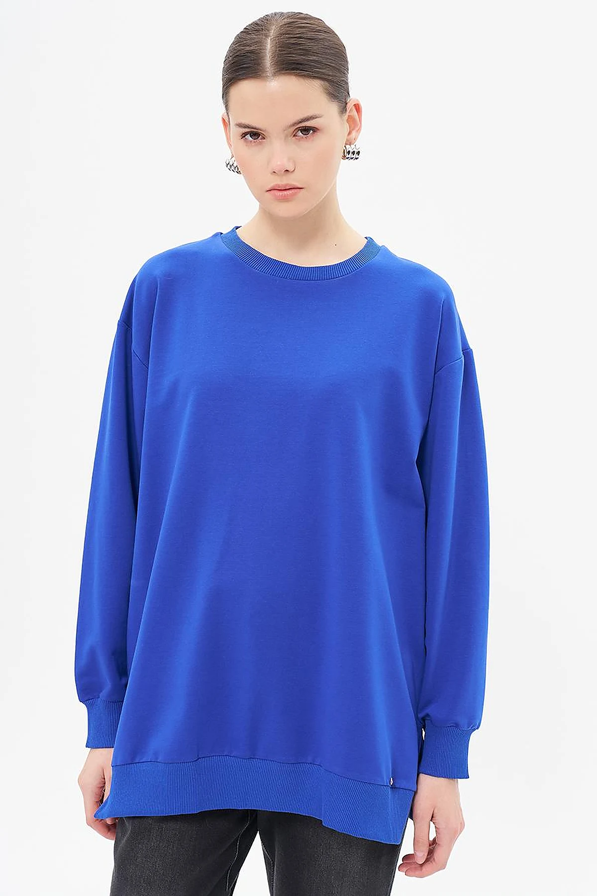 Crew Neck Drop-Shoulder Sweatshirt - Cobalt Blue
