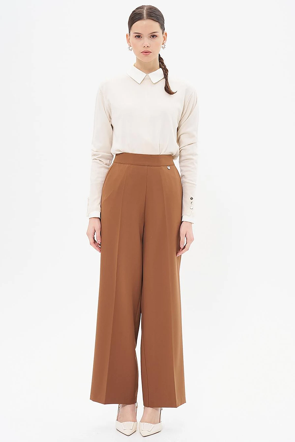 Iron-On Wide Leg Trousers Dark Brown 