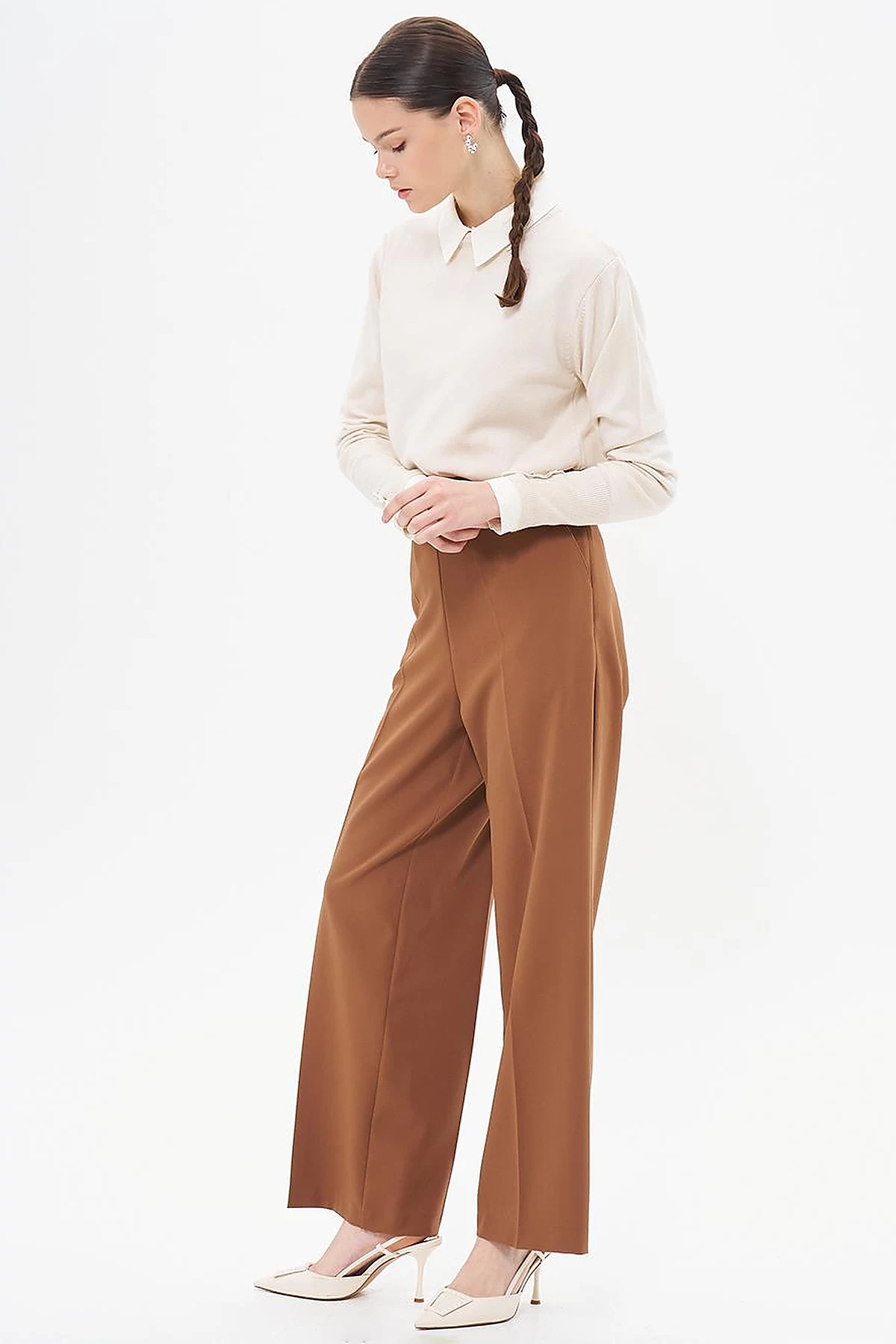 Iron-On Wide Leg Trousers Dark Brown 
