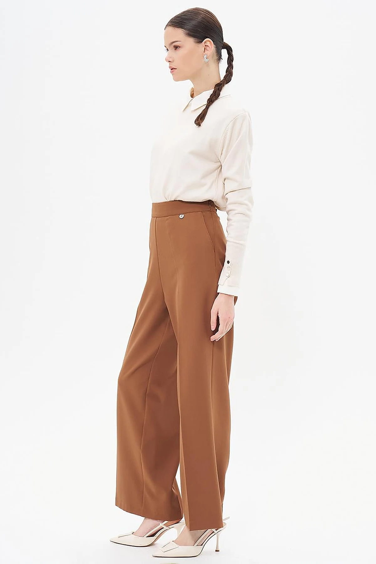 Iron-On Wide Leg Trousers Dark Brown 