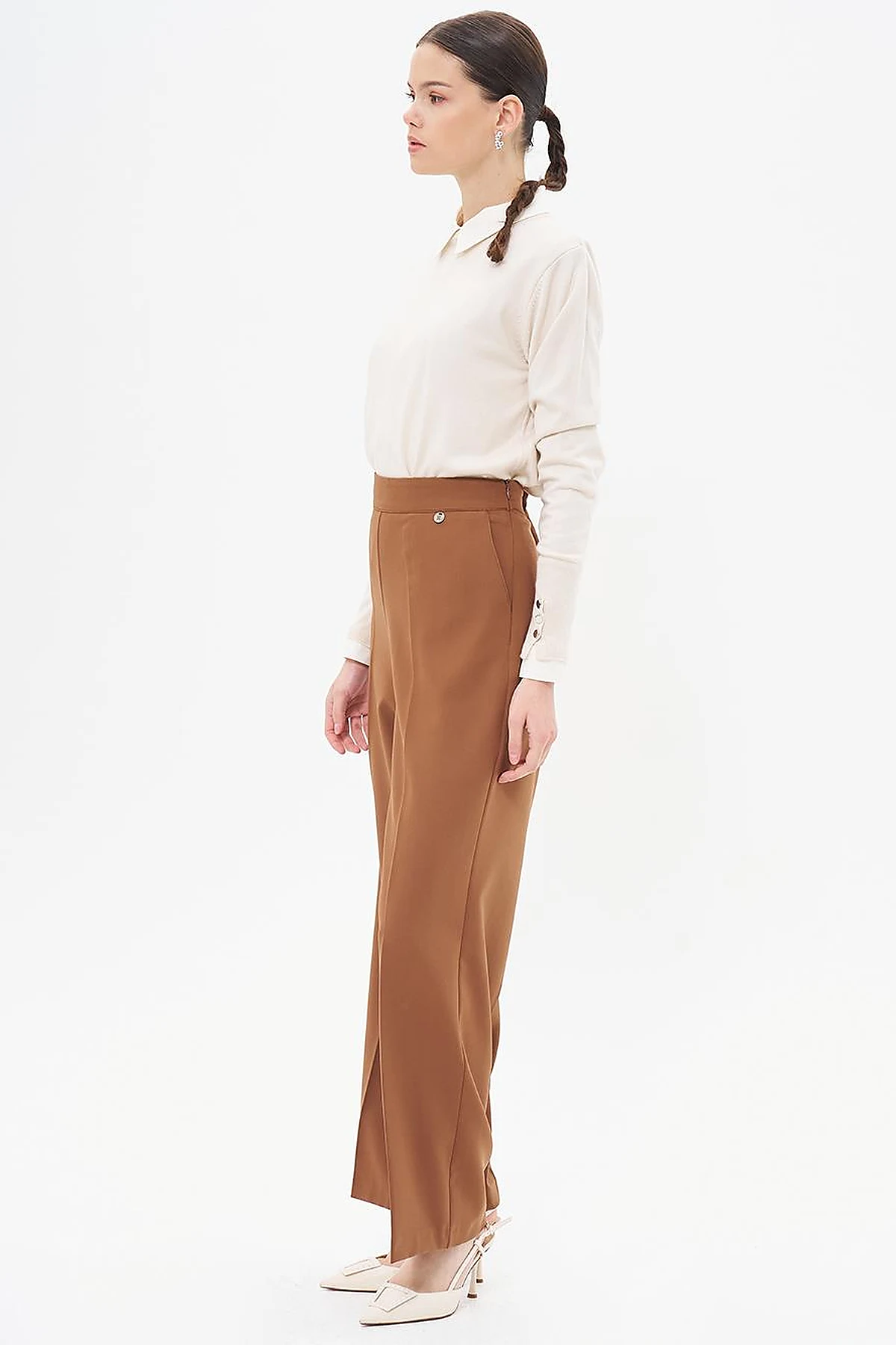 Iron-On Wide Leg Trousers Dark Brown 
