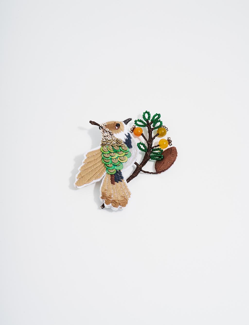 Handmade Sparrow Figurine Brooch in Coffee