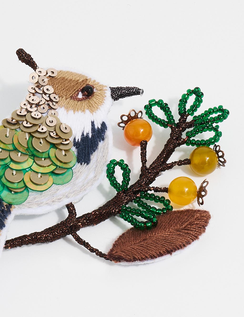 Handmade Sparrow Figurine Brooch in Coffee