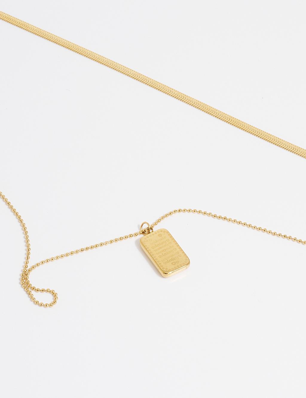 Gold Multi-Layered Steel Necklace with Square Pendant