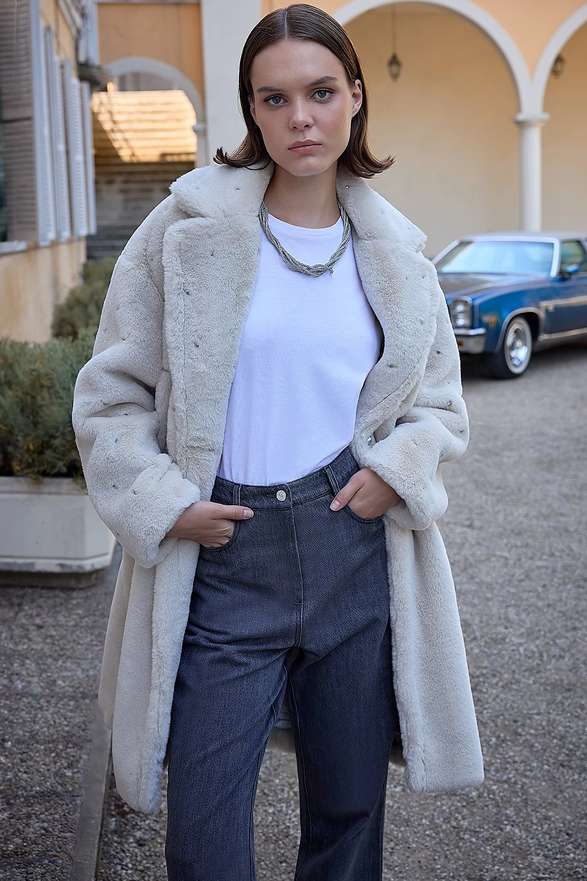 Stone Detailed Plush Coat Ecru 