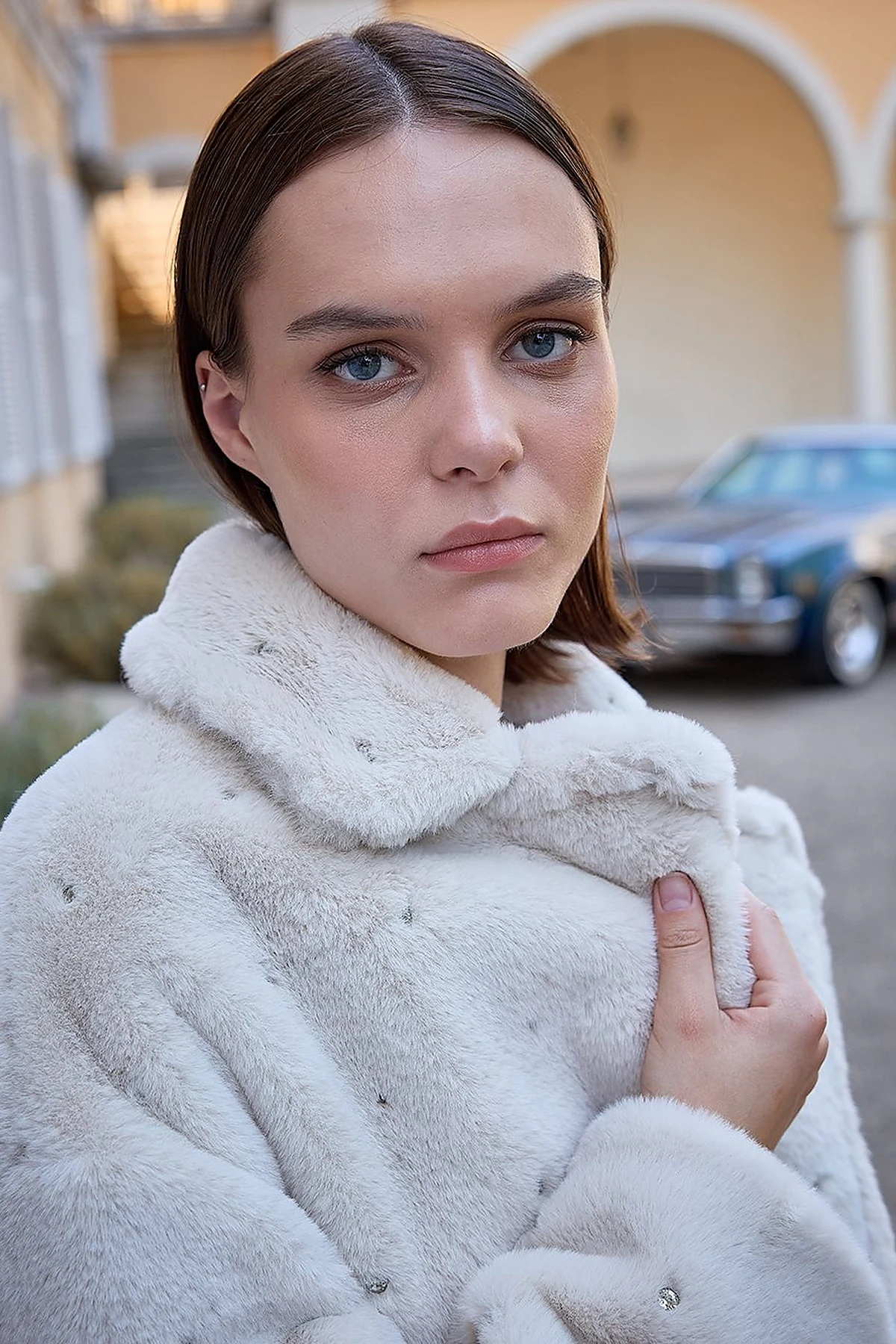 Stone Detailed Plush Coat Ecru 