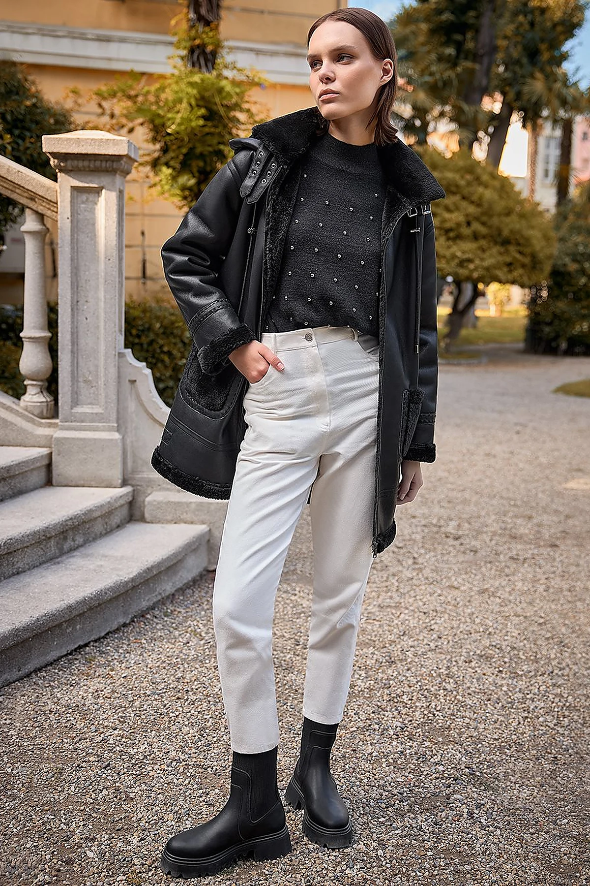 High Collar Faux Leather Coat Black