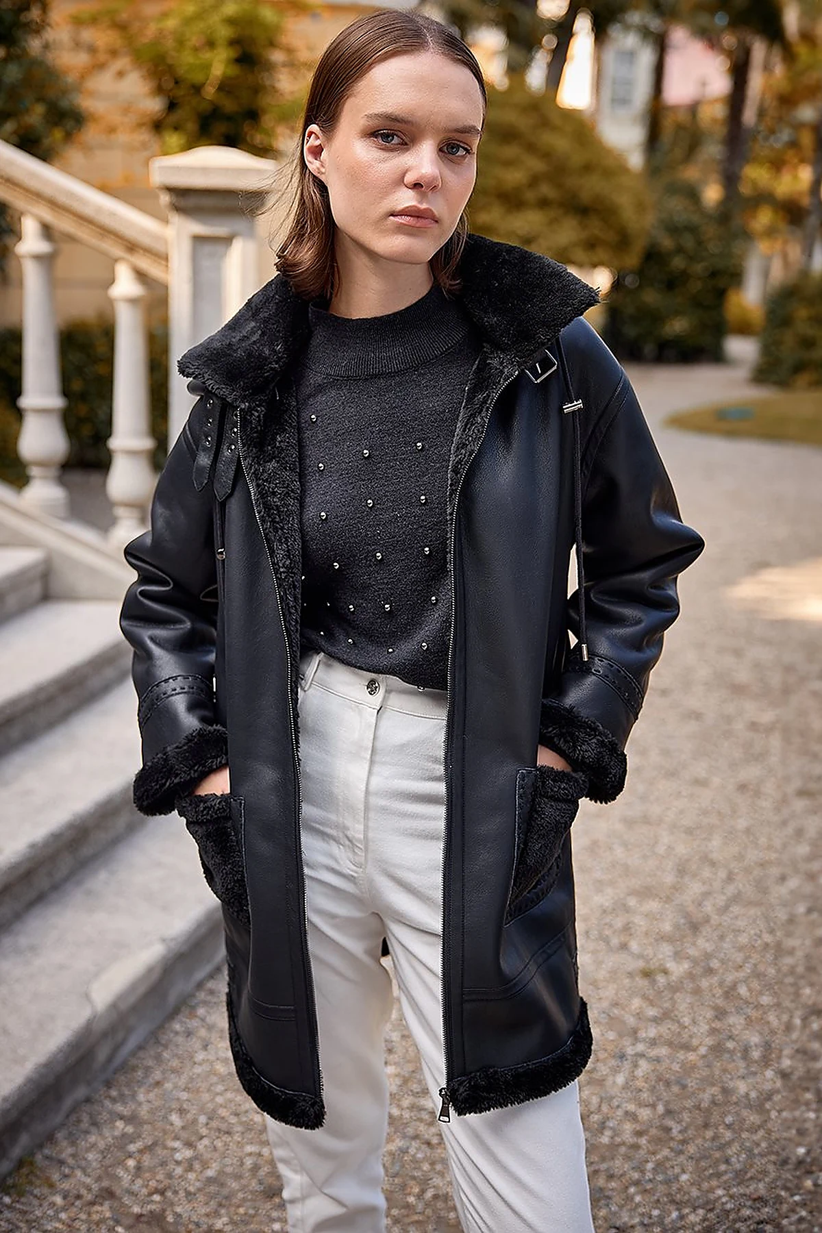 High Collar Faux Leather Coat Black