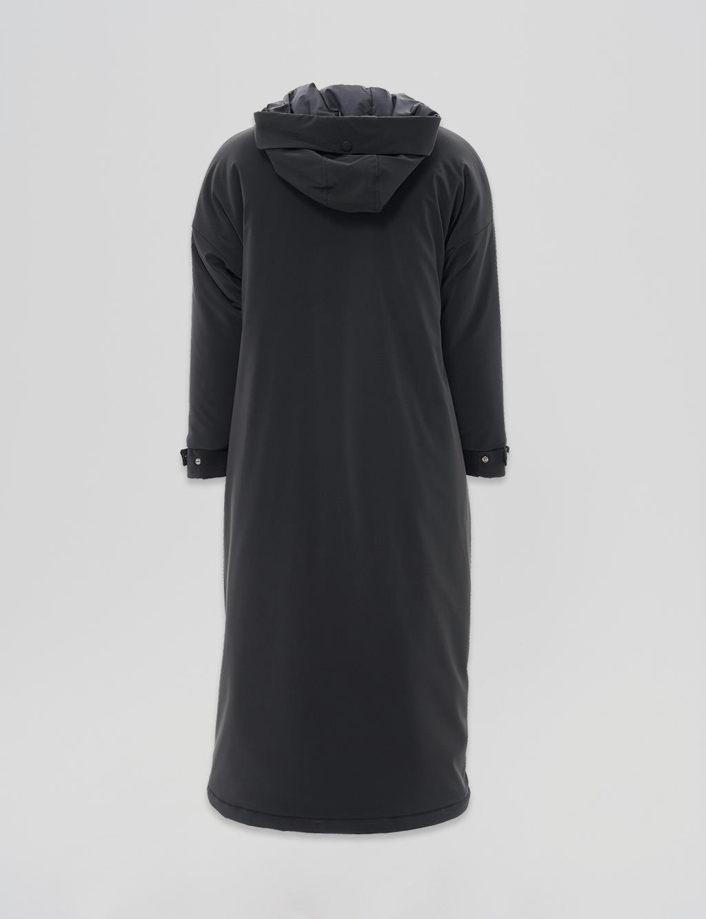 Hidden Placket Hooded Detail Anorak Coat Black