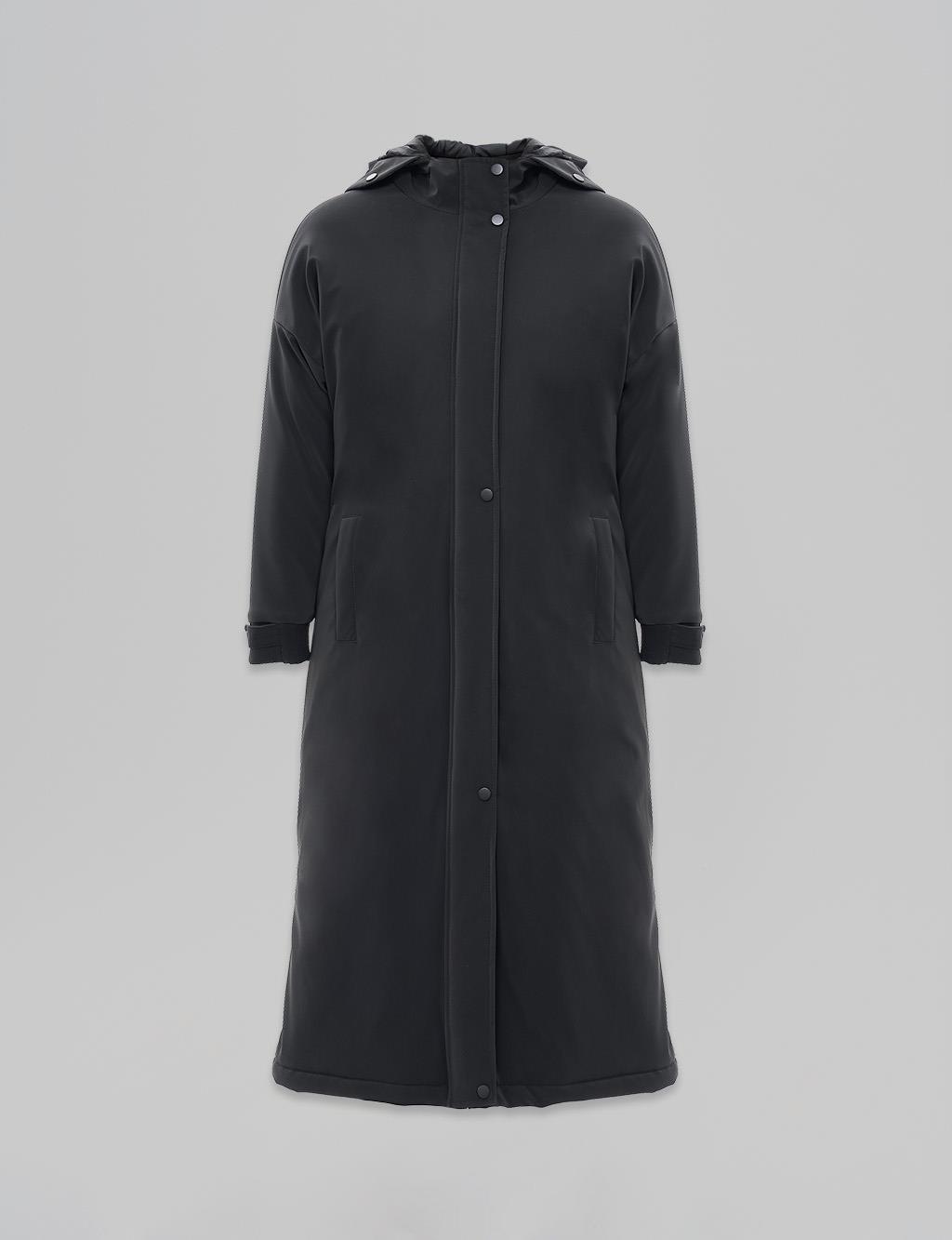 Hidden Placket Hooded Detail Anorak Coat Black